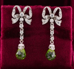 Estate 8.0 Ct Peridot 1.40 CT Diamond Bow Drop Platinum Earrings