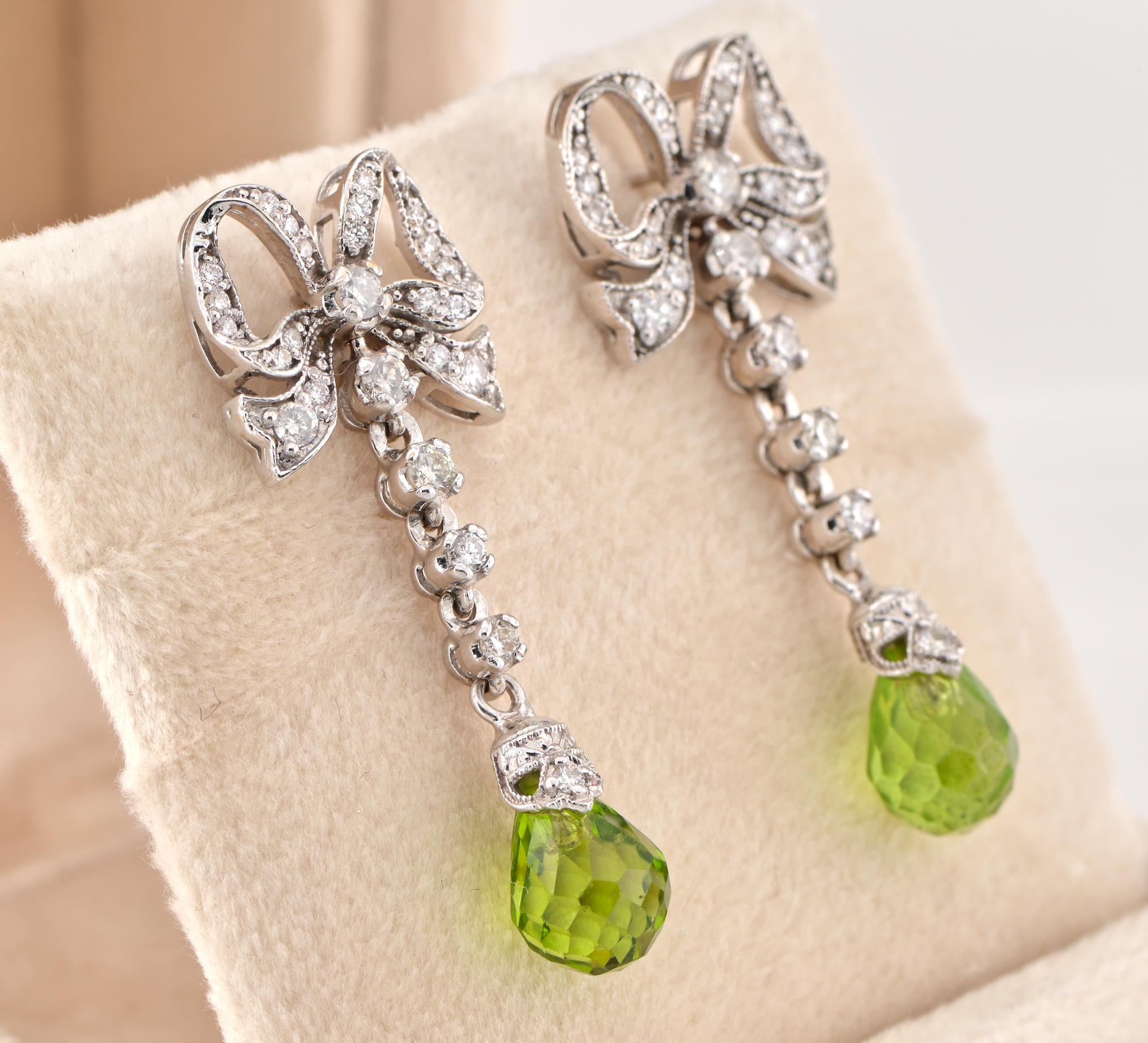 Contemporary Estate 8.0 Ct Peridot 1.40 CT Diamond Bow Drop Platinum Earrings For Sale