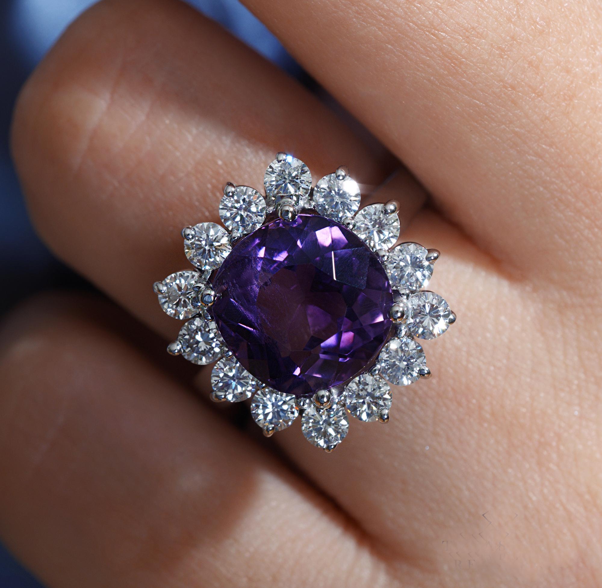 Estate 8.18 Carat Deep Purple Natural Amethyst Diamond Cluster Vintage Ring 1