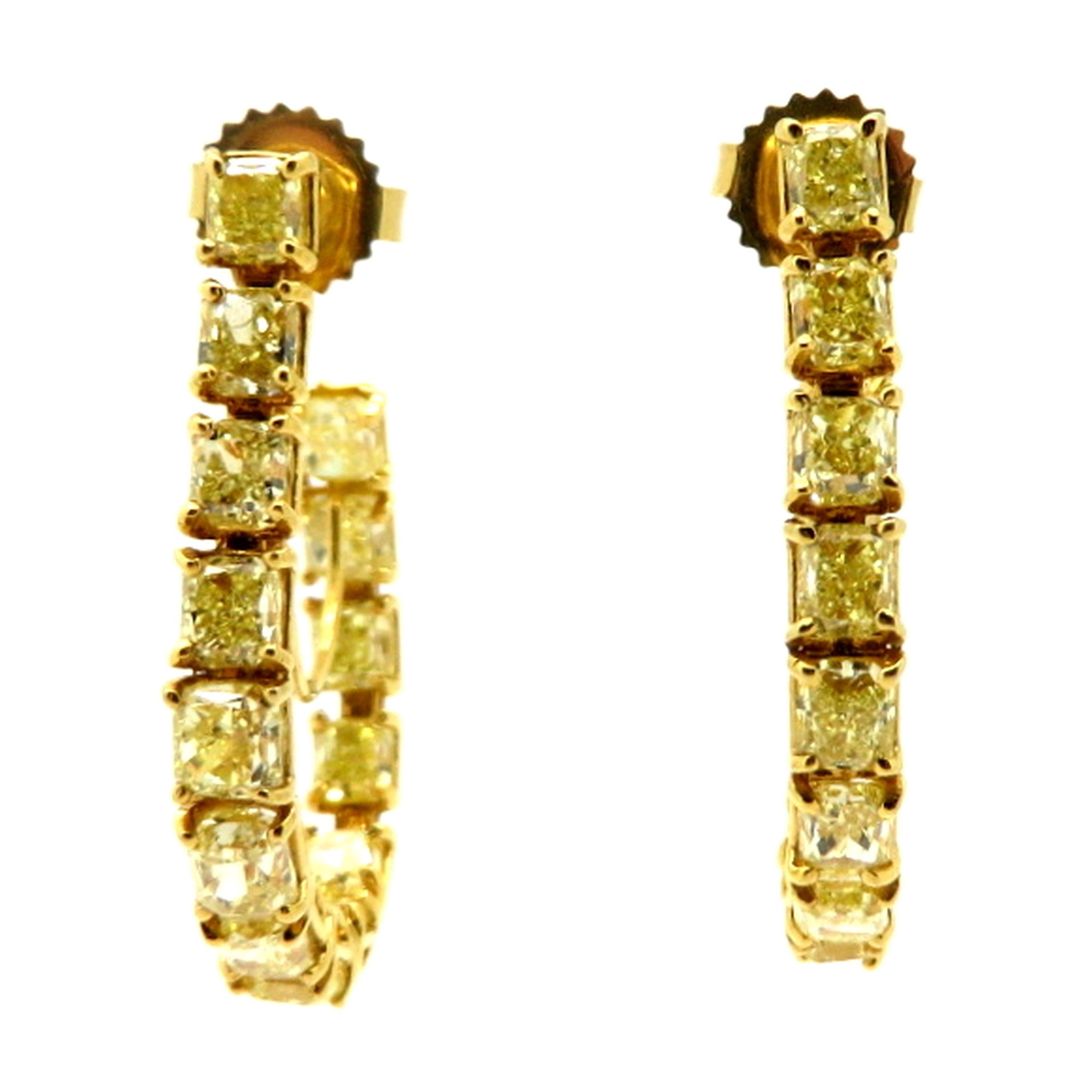 Estate 8.27 Carat Fancy Yellow Radiant Cut 18 Karat Gold Diamond Hoop Earrings For Sale