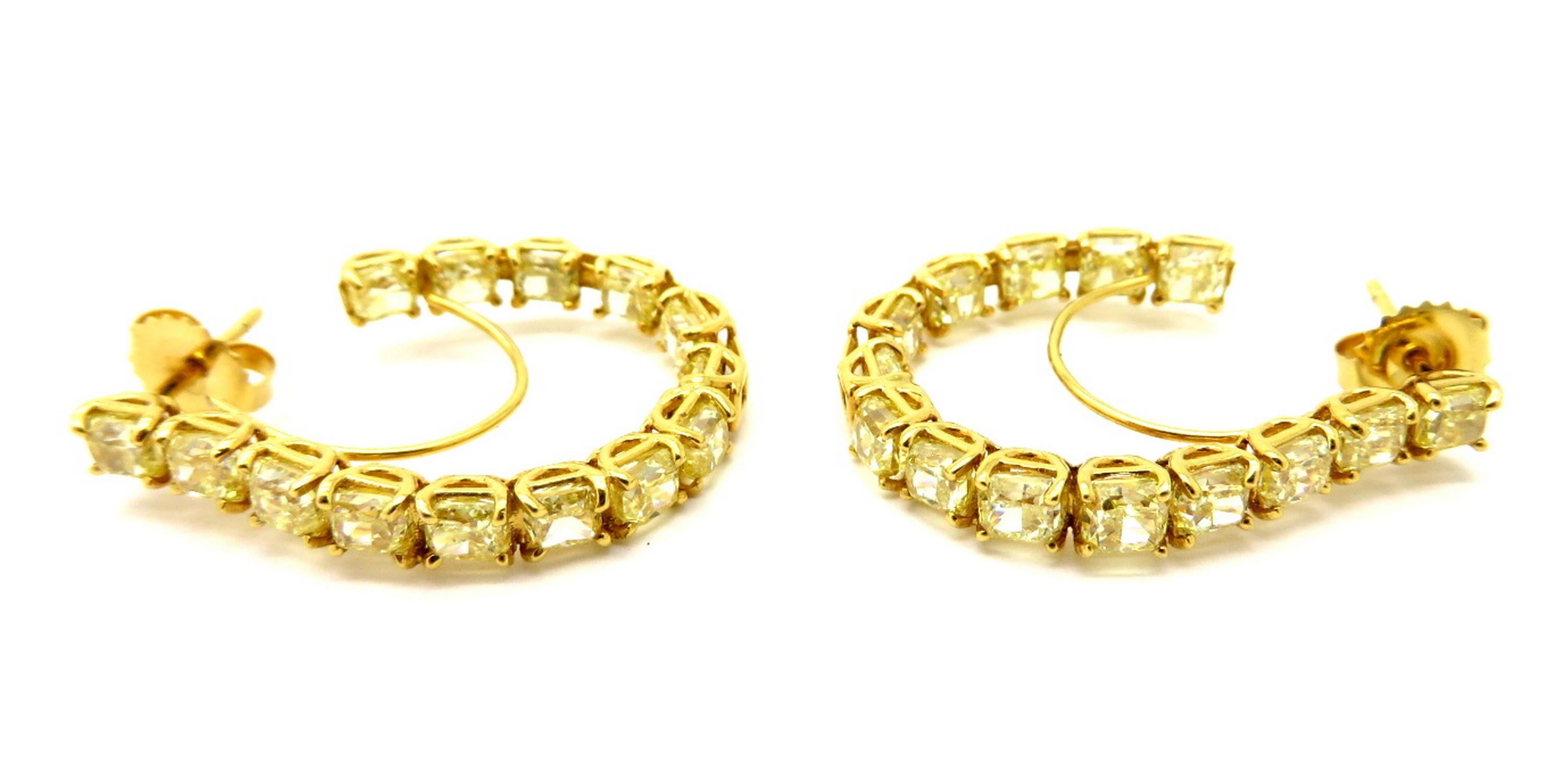 Women's Estate 8.27 Carat Fancy Yellow Radiant Cut 18 Karat Gold Diamond Hoop Earrings For Sale