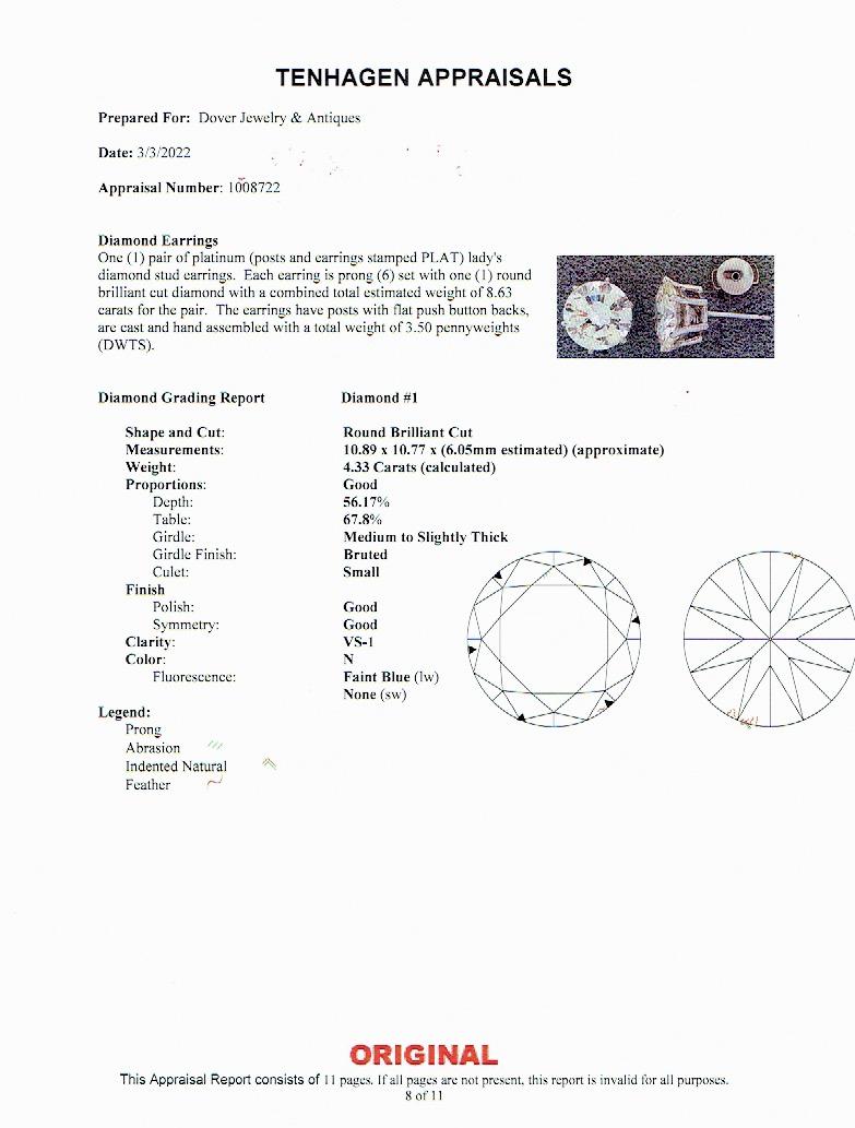 Estate 8.63 Ct Round Cut Diamond Platinum Remarkable Stud Earrings For Sale 2