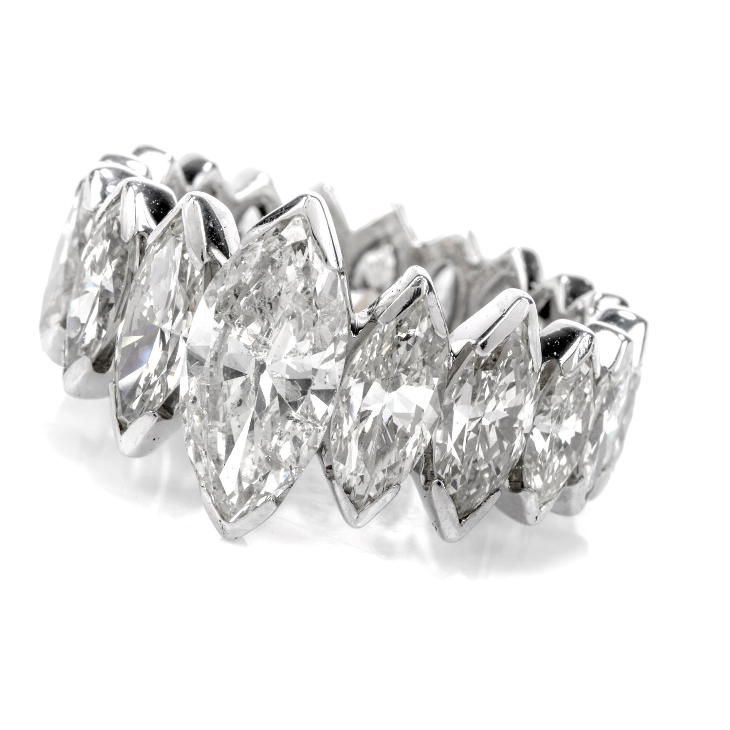 Your love will be eternal forever with this exquisitely uniquen 8.72 carat Diamond Platinum Marquise Shaped Eternity Band!

 This gorgeous eternity band has 19 genuine diamonds with J-L color, VS1-SI2 Clarity set in a prong setting.
The shinning