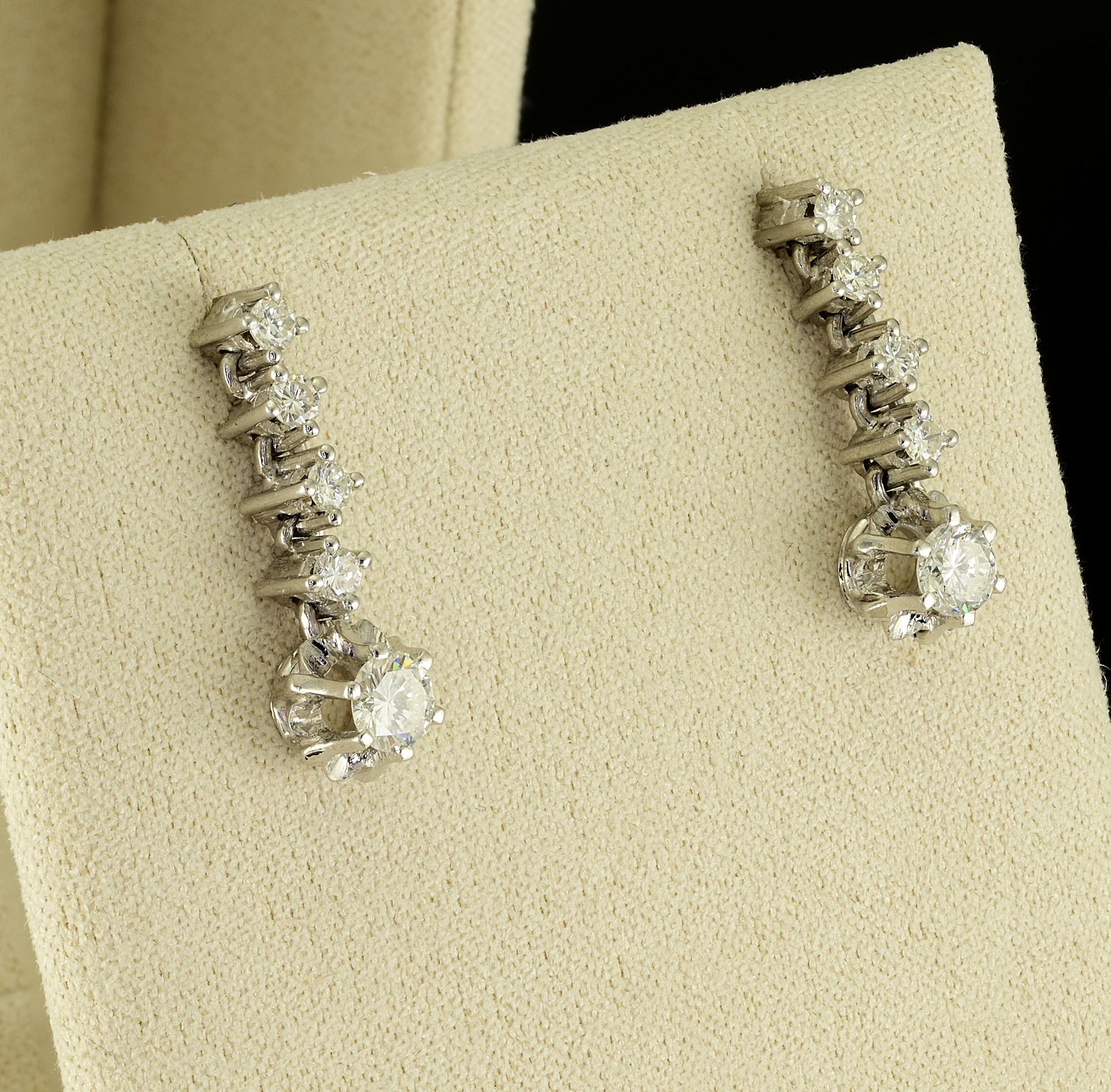 Contemporary Estate .90 Ct Diamond Drop Earrings 18 KT White Gold For Sale