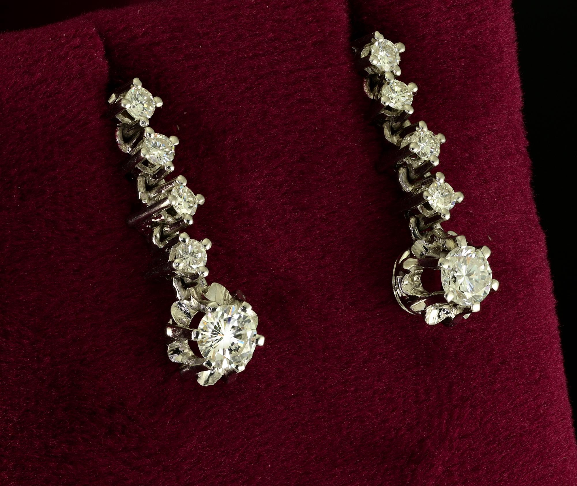 Brilliant Cut Estate .90 Ct Diamond Drop Earrings 18 KT White Gold For Sale