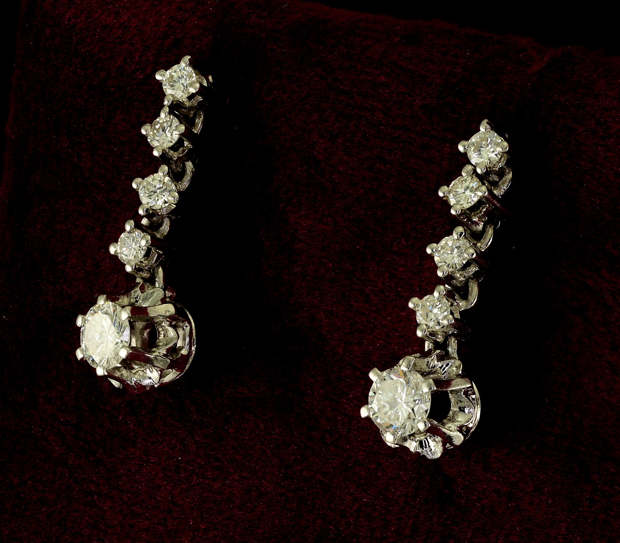 Women's Estate .90 Ct Diamond Drop Earrings 18 KT White Gold For Sale