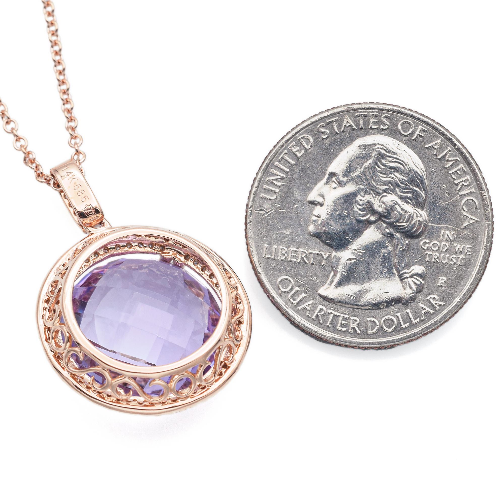 Estate 9.16 Ct Amethyst & 0.61 TCW Diamond Rose Gold Pendant Necklace Box In Excellent Condition For Sale In New York, NY