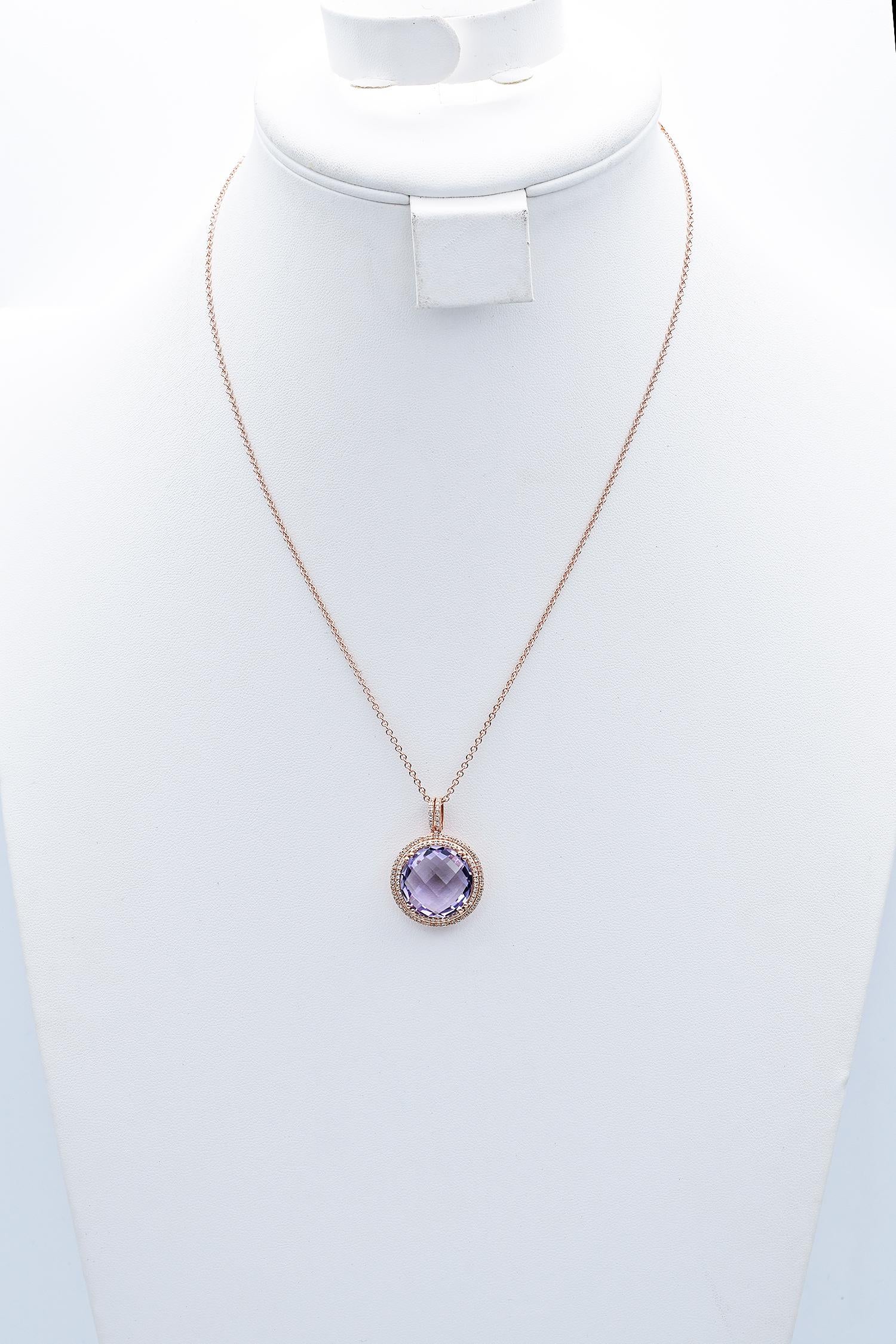Estate 9.16 Ct Amethyst & 0.61 TCW Diamond Rose Gold Pendant Necklace Box For Sale 1
