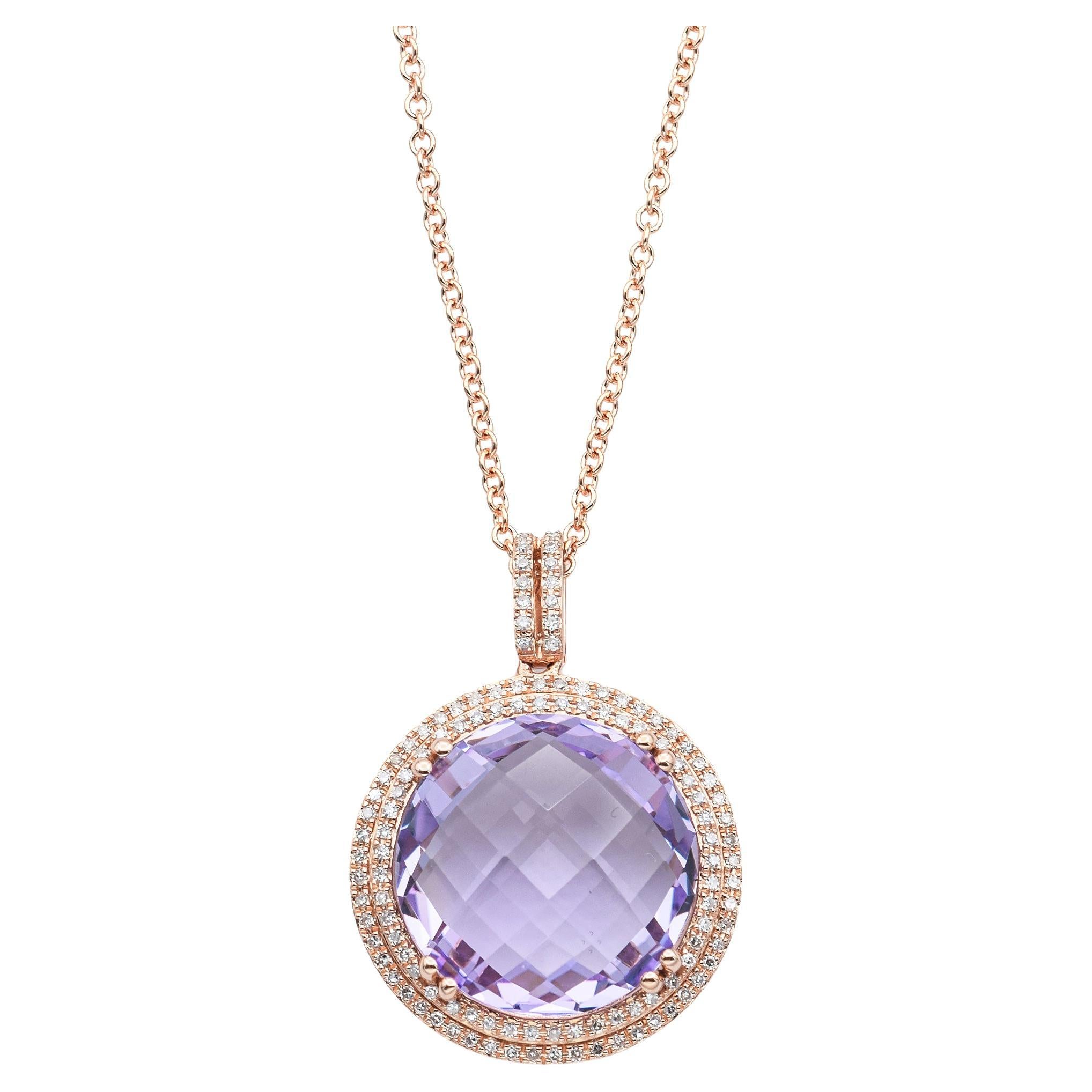 Estate 9.16 Ct Amethyst & 0.61 TCW Diamond Rose Gold Pendant Necklace Box