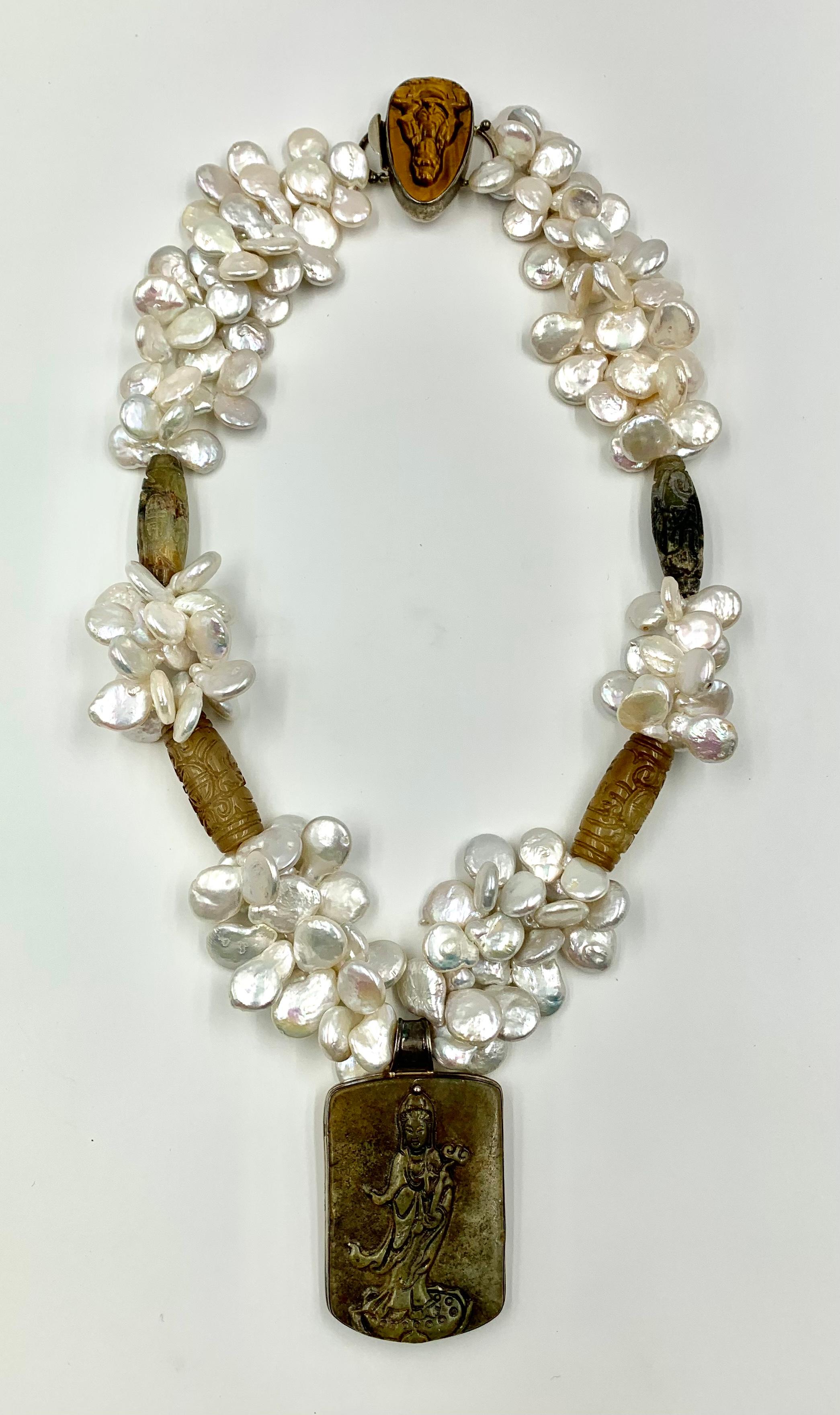 Estate A. Jeschel Asian Jade, Pearl, Tiger's Eye Statement Necklace For Sale 7