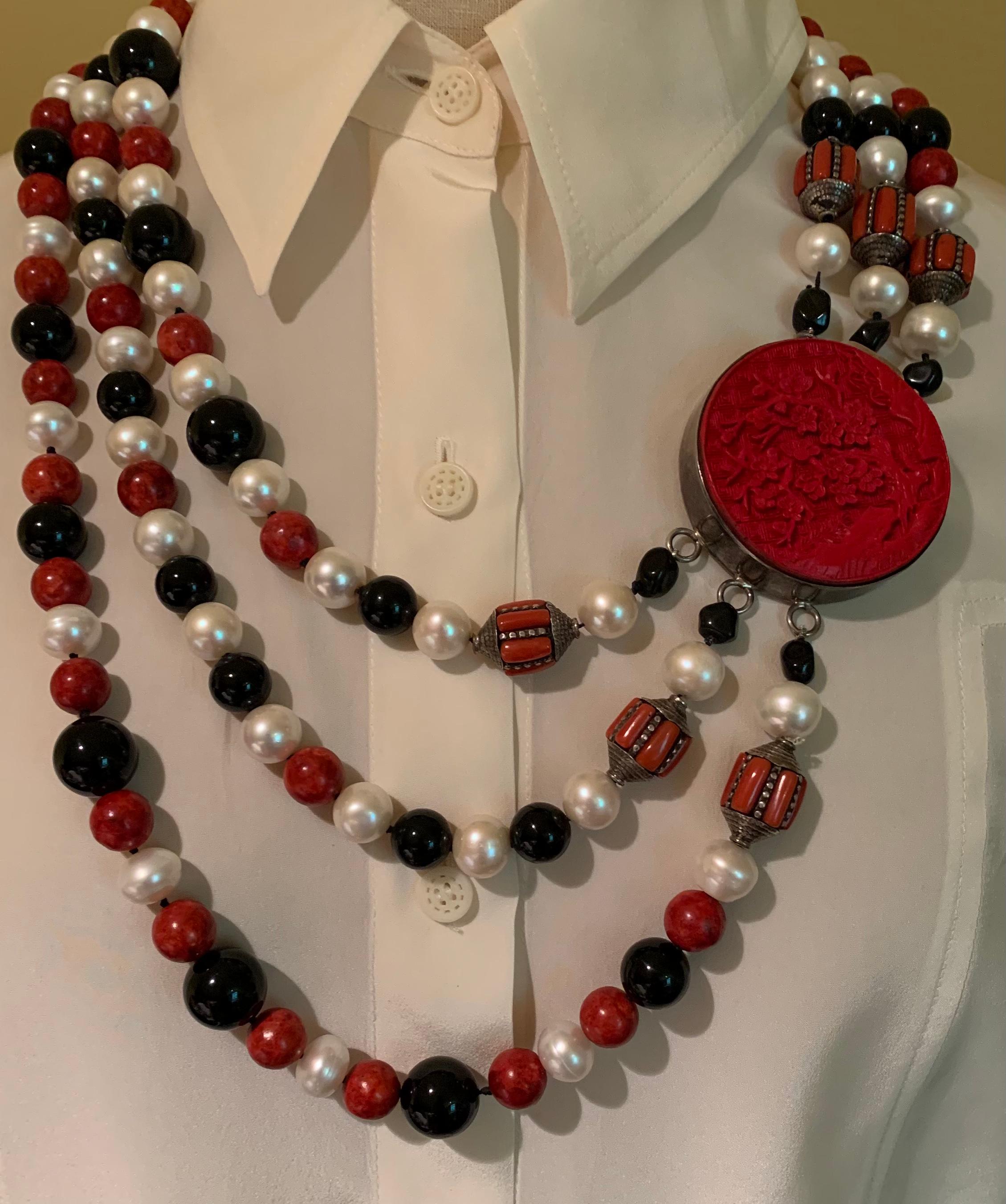 Estate A. Jeschel Pearl, Coral, Onyx, Sponge Coral Sterling Silver Necklace For Sale 4