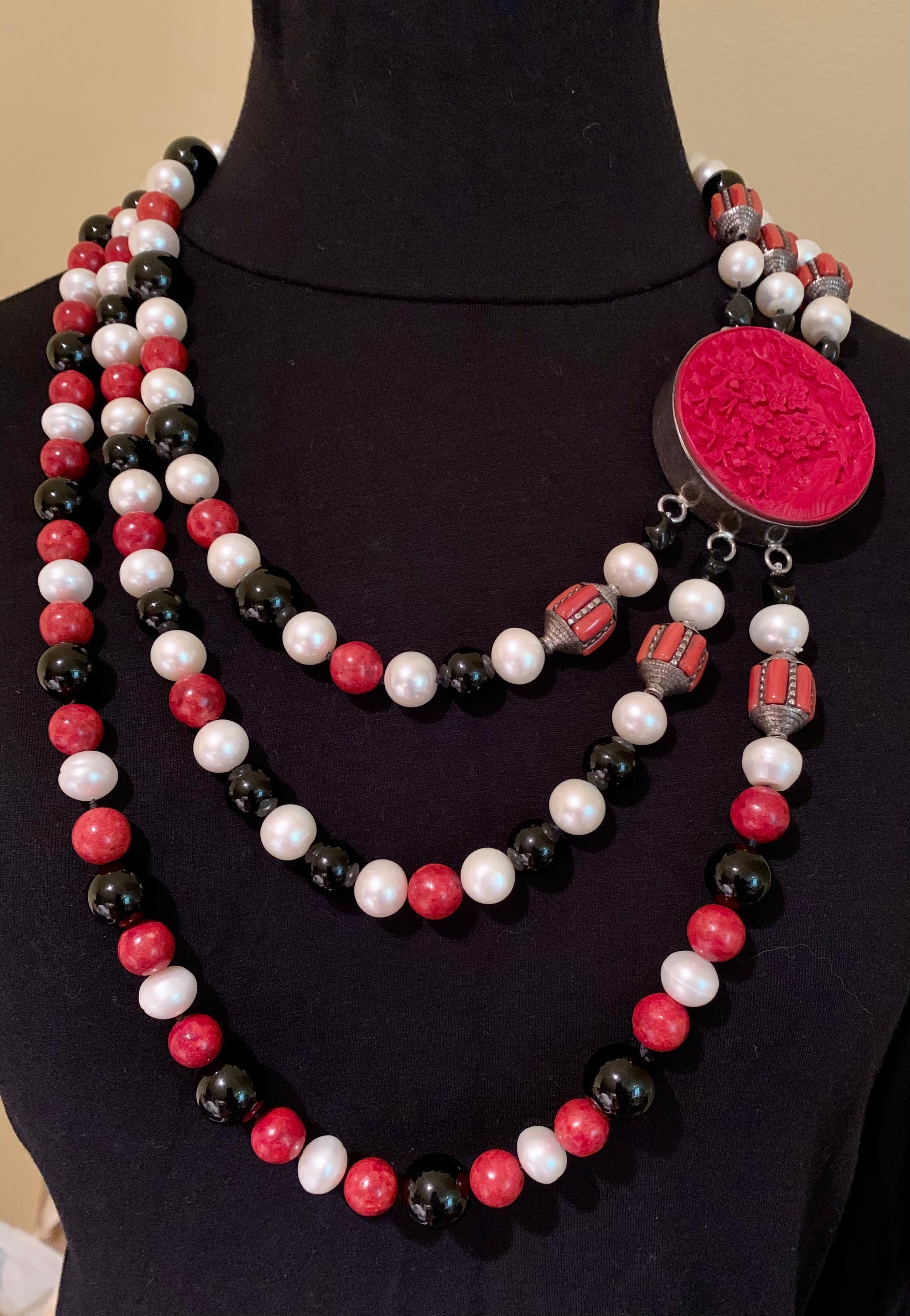 Estate A. Jeschel Pearl, Coral, Onyx, Sponge Coral Sterling Silver Necklace For Sale 5
