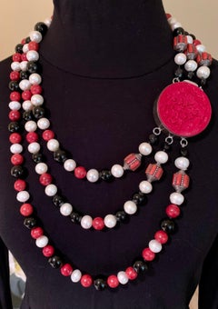 Estate A. Jeschel Pearl, Coral, Onyx, Sponge Coral Sterling Silver Necklace