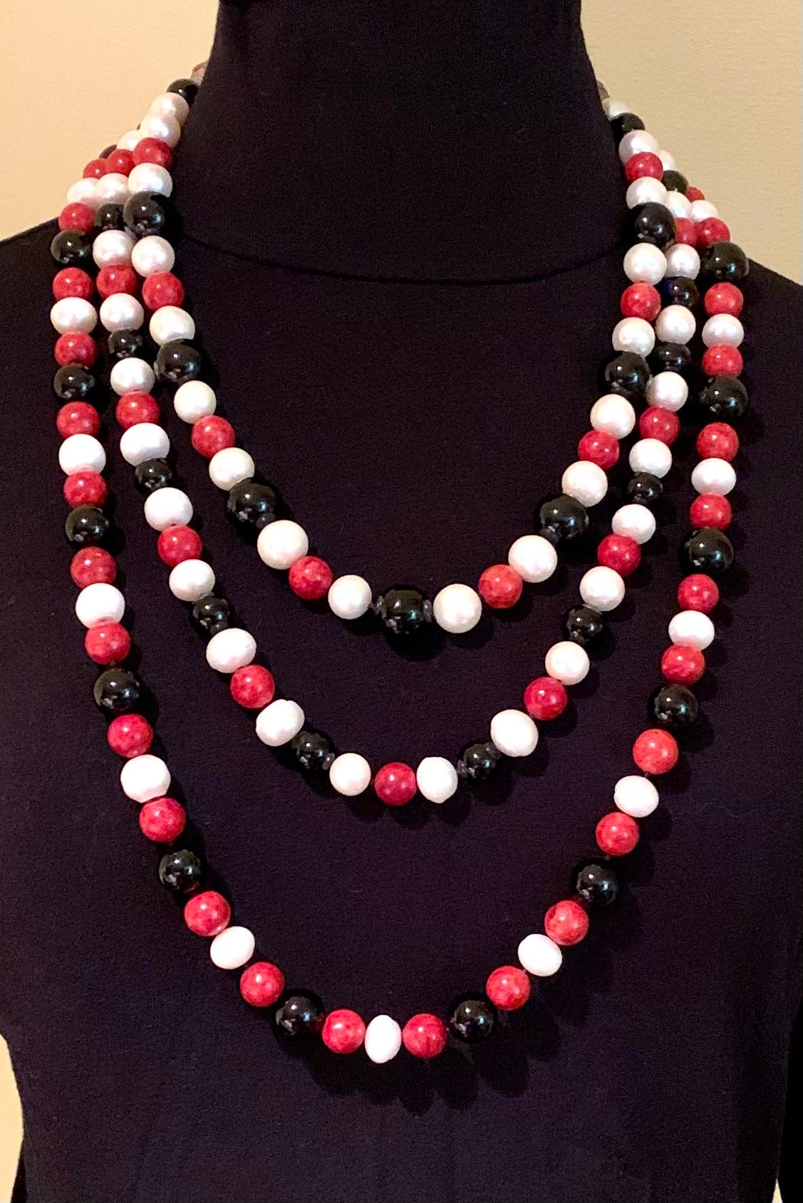 Modern Estate A. Jeschel Pearl, Coral, Onyx, Sponge Coral Sterling Silver Necklace For Sale