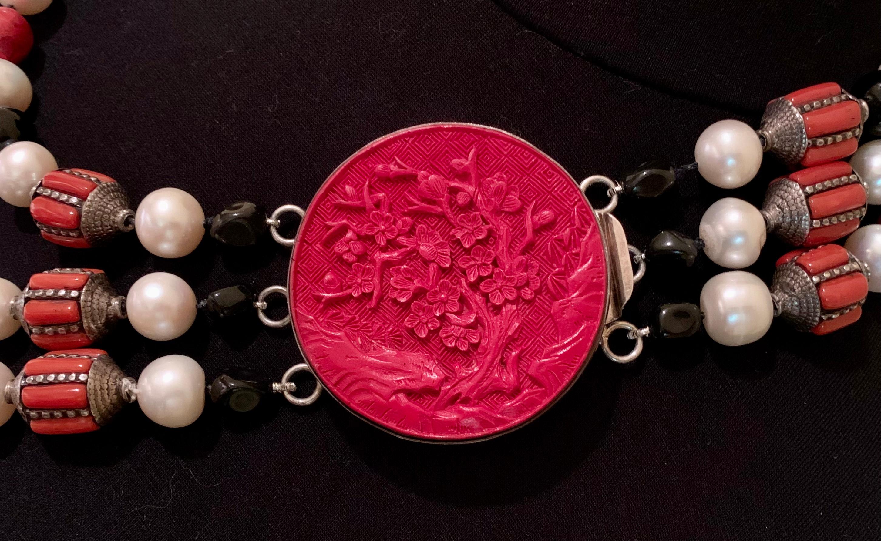 Bead Estate A. Jeschel Pearl, Coral, Onyx, Sponge Coral Sterling Silver Necklace For Sale
