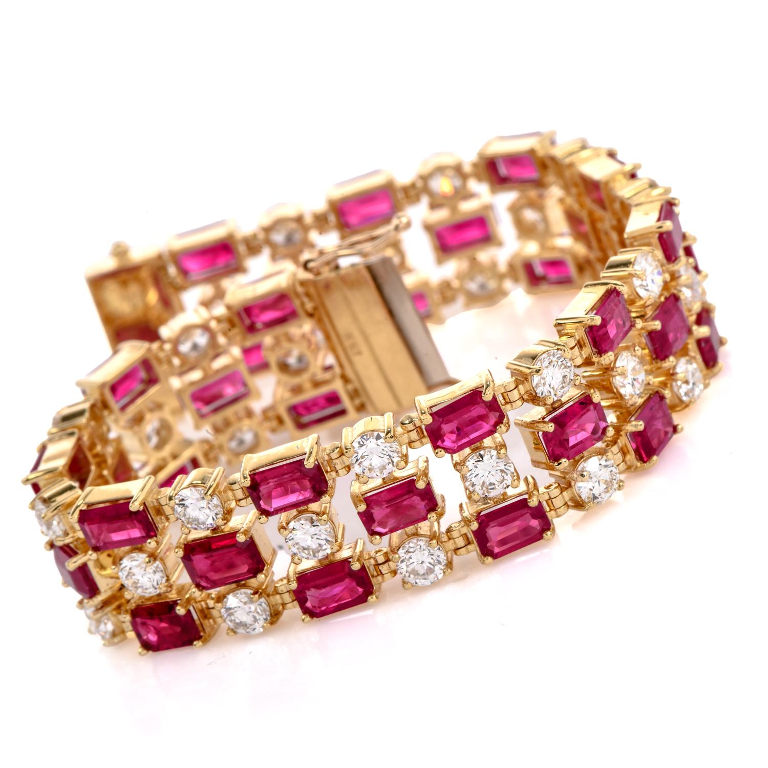 Adorn your wrist with the epitome of luxury: a certified AGL Burma Ruby and Diamond Tennis captivating three-row tennis Bracelet.

This 6.75-inch, 14 mm wide bracelet Has an elegant design, featuring three rows of flexible links showcasing 36
