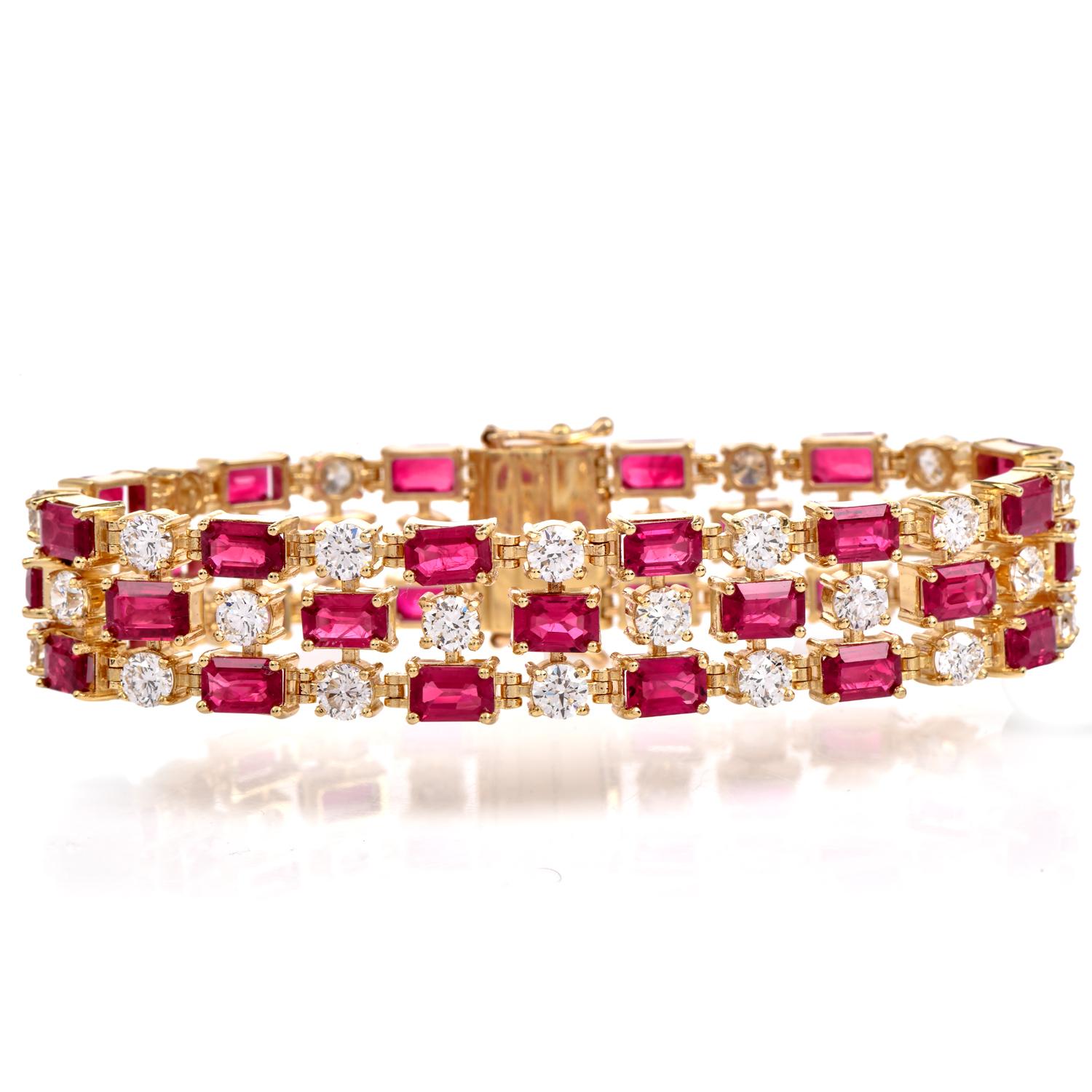 Emerald Cut Estate AGL Minor Heat Burma Ruby 36.00cts Diamond 18K Gold  Bracelet  For Sale