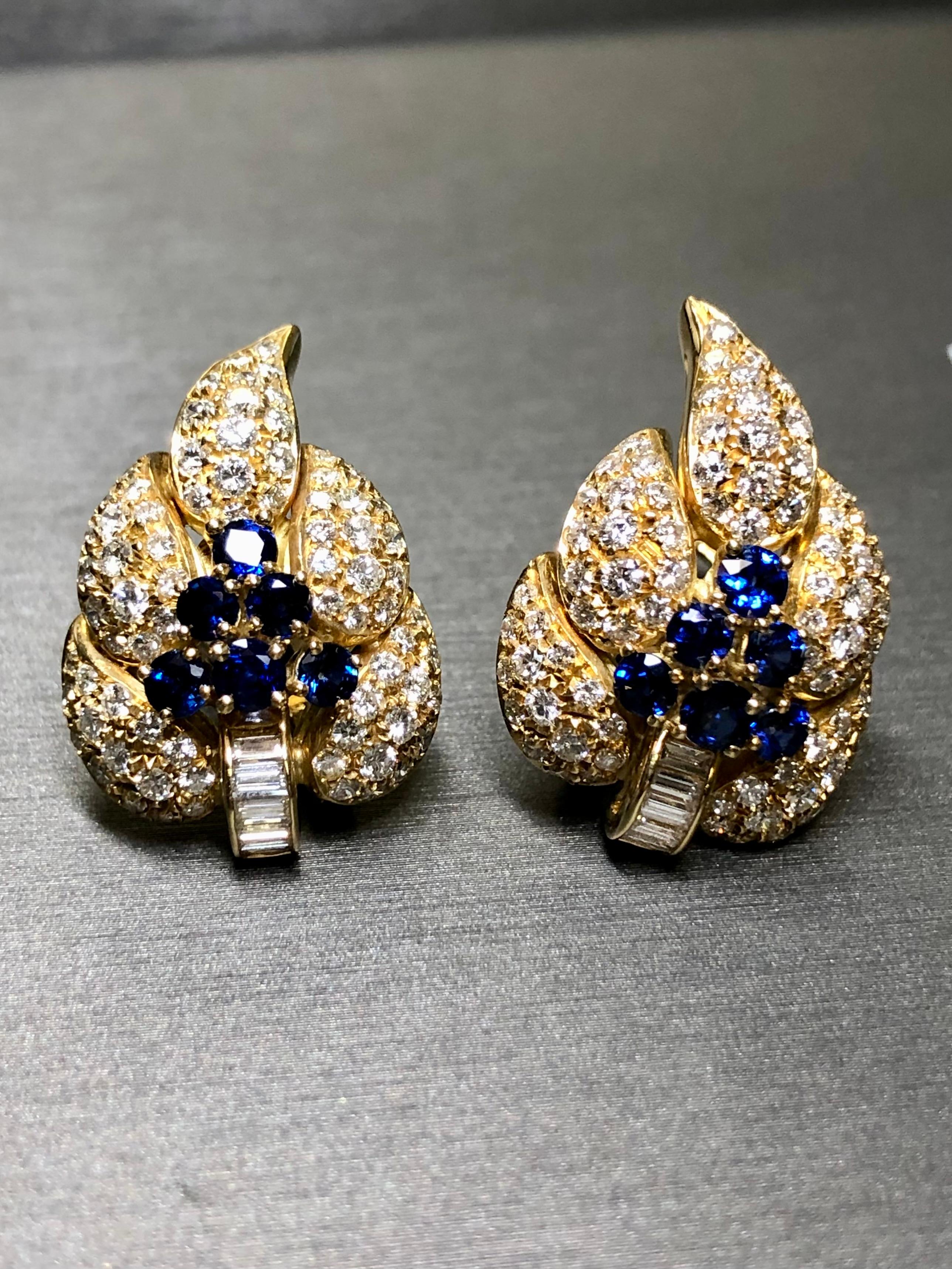 Estate AIMETTI 18K Baguette Round Diamond Sapphire Leaf Huggie Earrings 6.04ctw For Sale 4