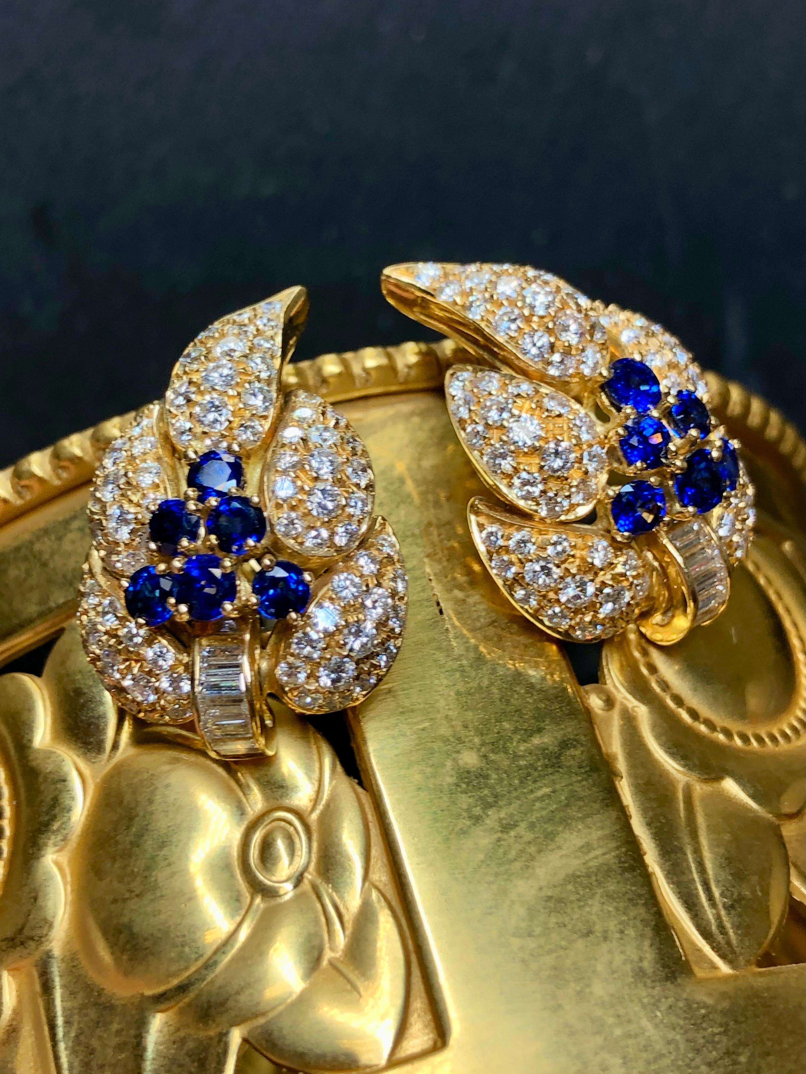 Round Cut Estate AIMETTI 18K Baguette Round Diamond Sapphire Leaf Huggie Earrings 6.04ctw For Sale