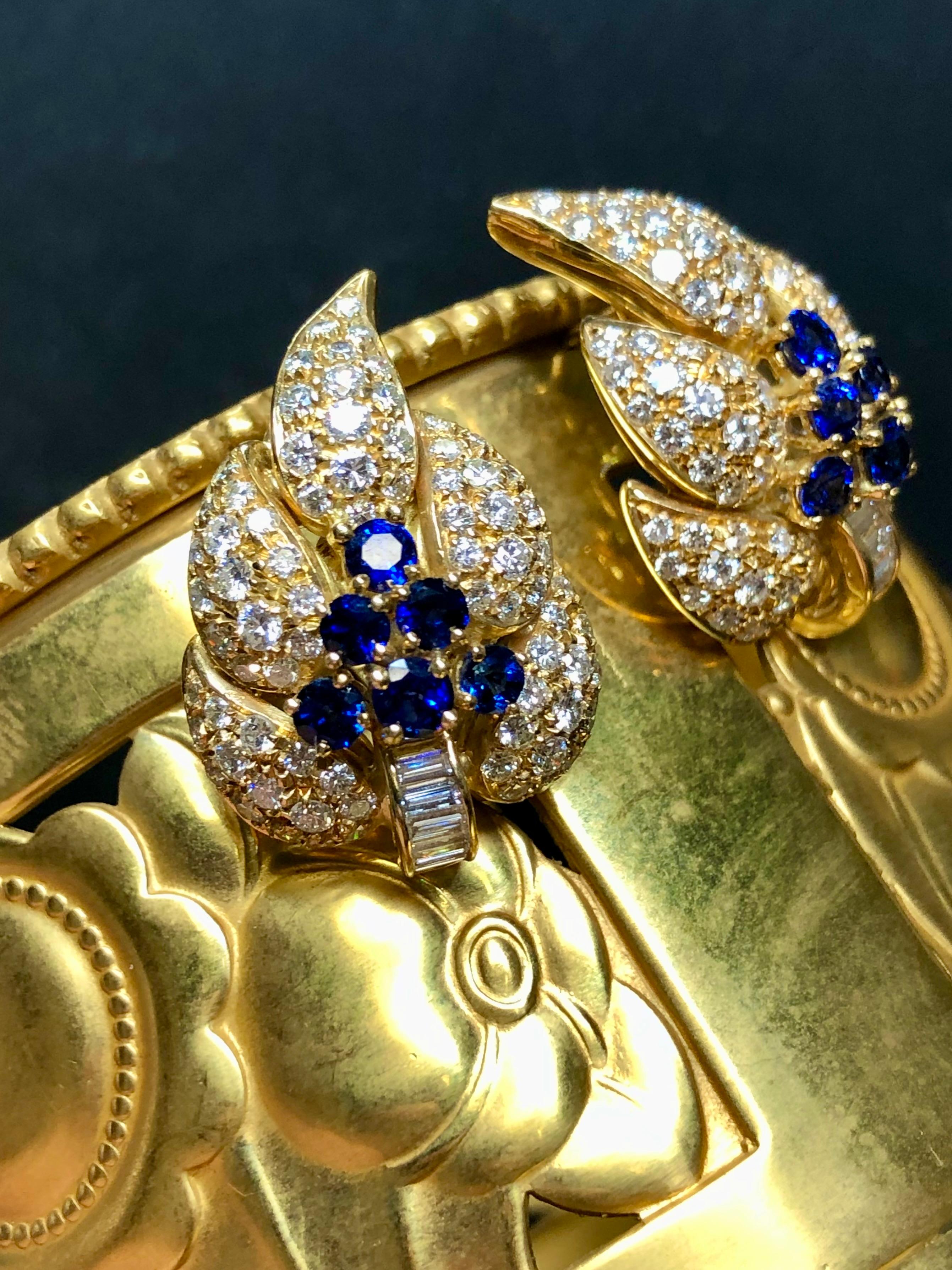 Estate AIMETTI 18K Baguette Round Diamond Sapphire Leaf Huggie Earrings 6.04ctw In Good Condition For Sale In Winter Springs, FL
