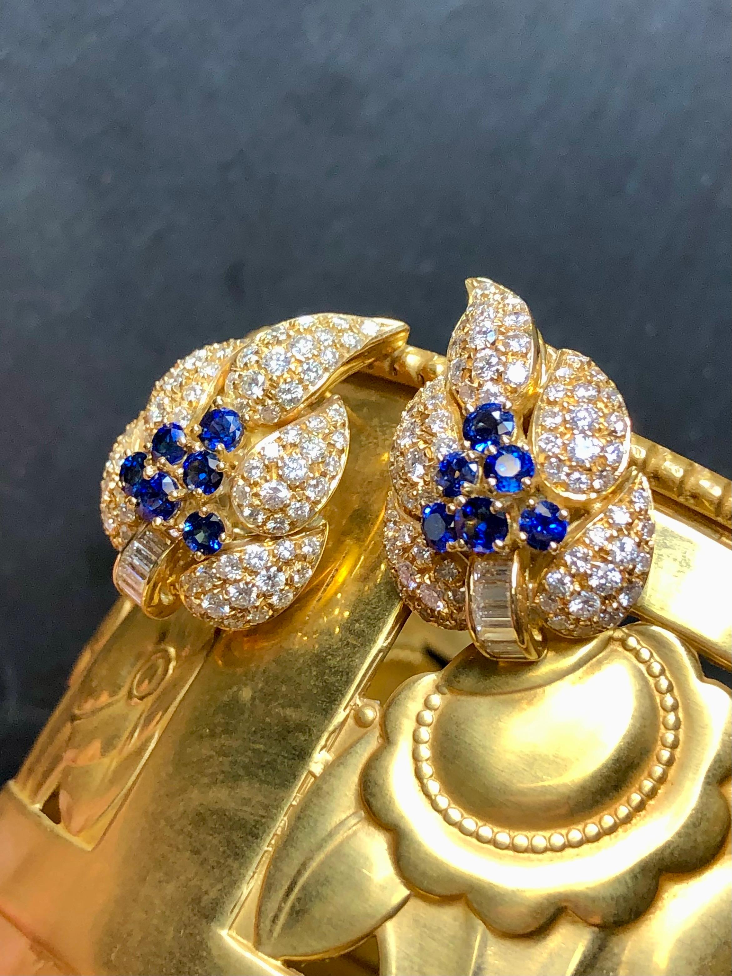 Women's or Men's Estate AIMETTI 18K Baguette Round Diamond Sapphire Leaf Huggie Earrings 6.04ctw For Sale