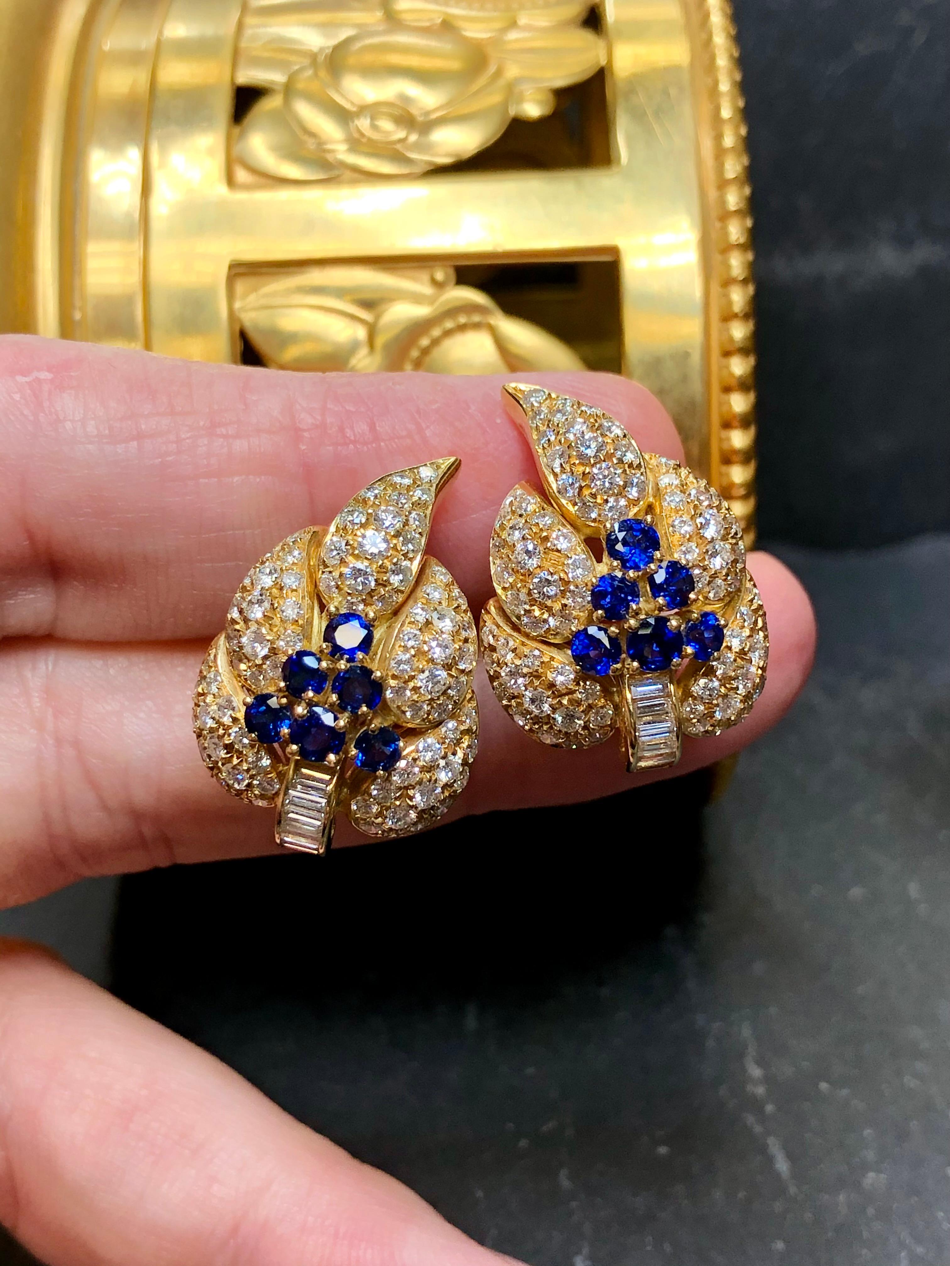 Estate AIMETTI 18K Baguette Round Diamond Sapphire Leaf Huggie Earrings 6.04ctw For Sale 1