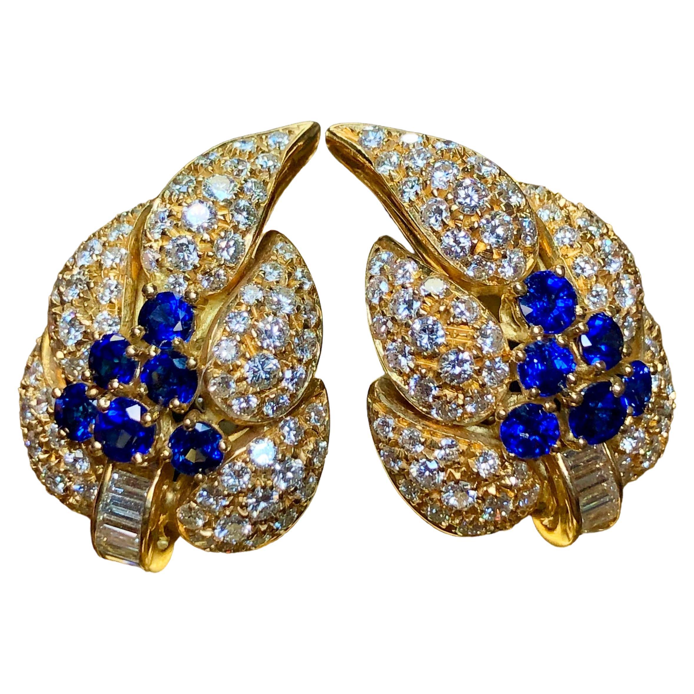 Estate AIMETTI 18K Baguette Round Diamond Sapphire Leaf Huggie Earrings 6.04ctw