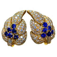 Estate AIMETTI 18K Baguette Round Diamond Sapphire Leaf Huggie Earrings 6.04ctw