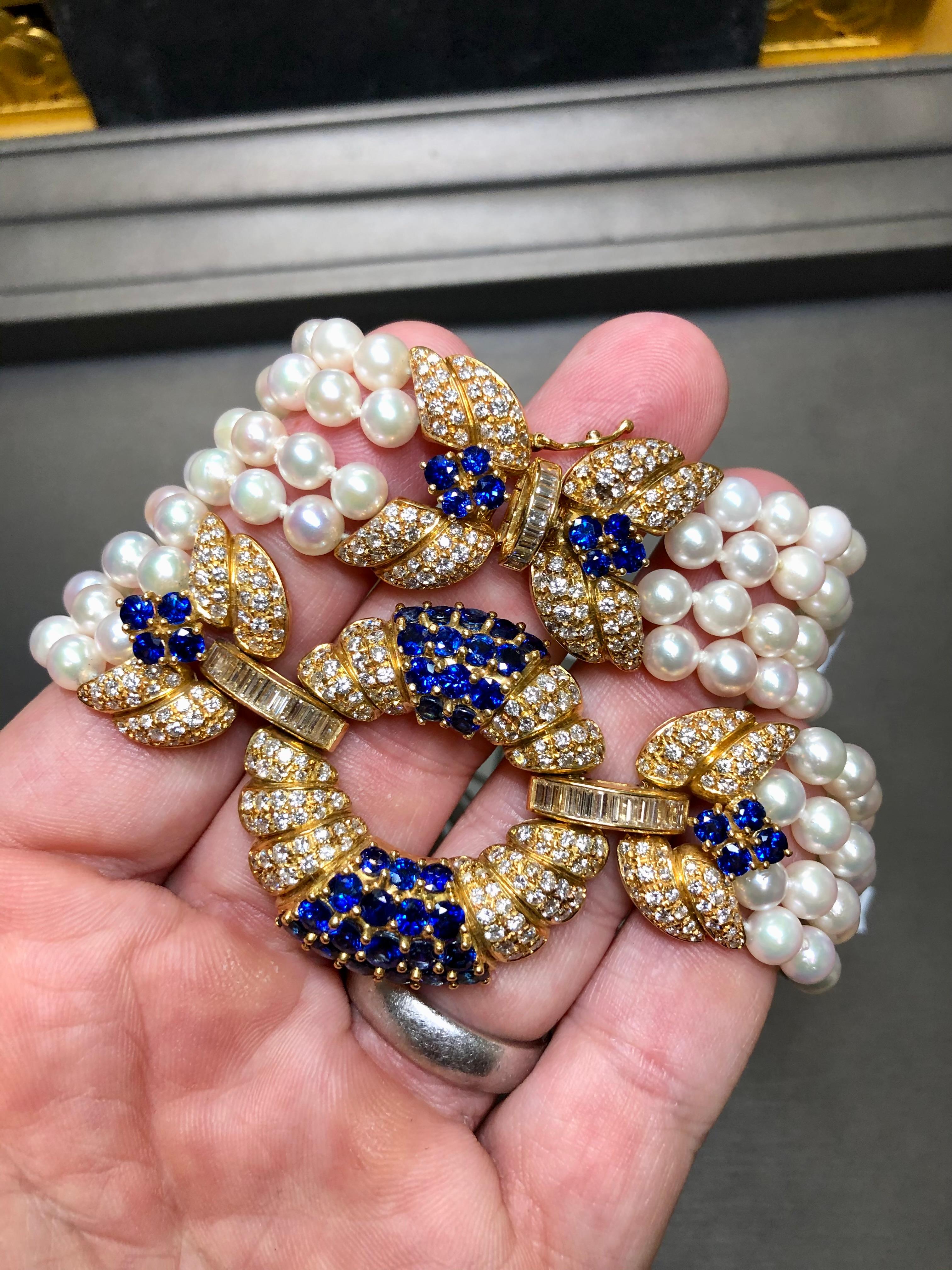 Women's or Men's Estate AIMETTI 18K Diamond Sapphire Pearl Italian Necklace 20.10cttw 17.25” For Sale