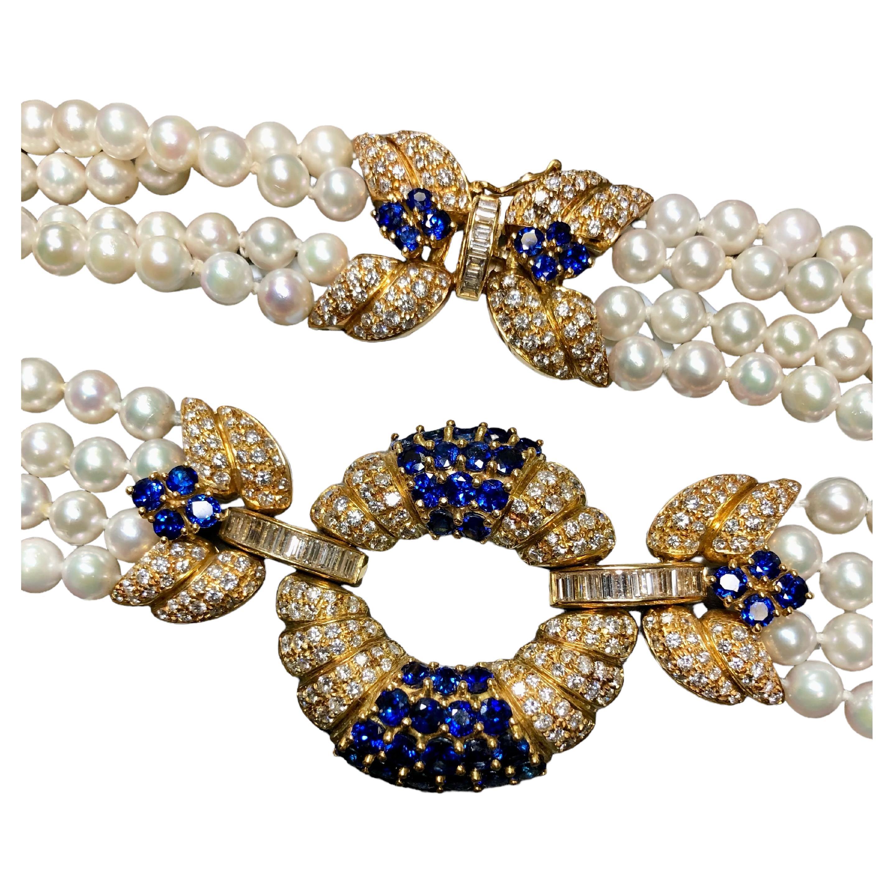 AIMETTI Collier italien 18 carats, diamants, saphirs et perles, 20,10 carats poids total 17,25