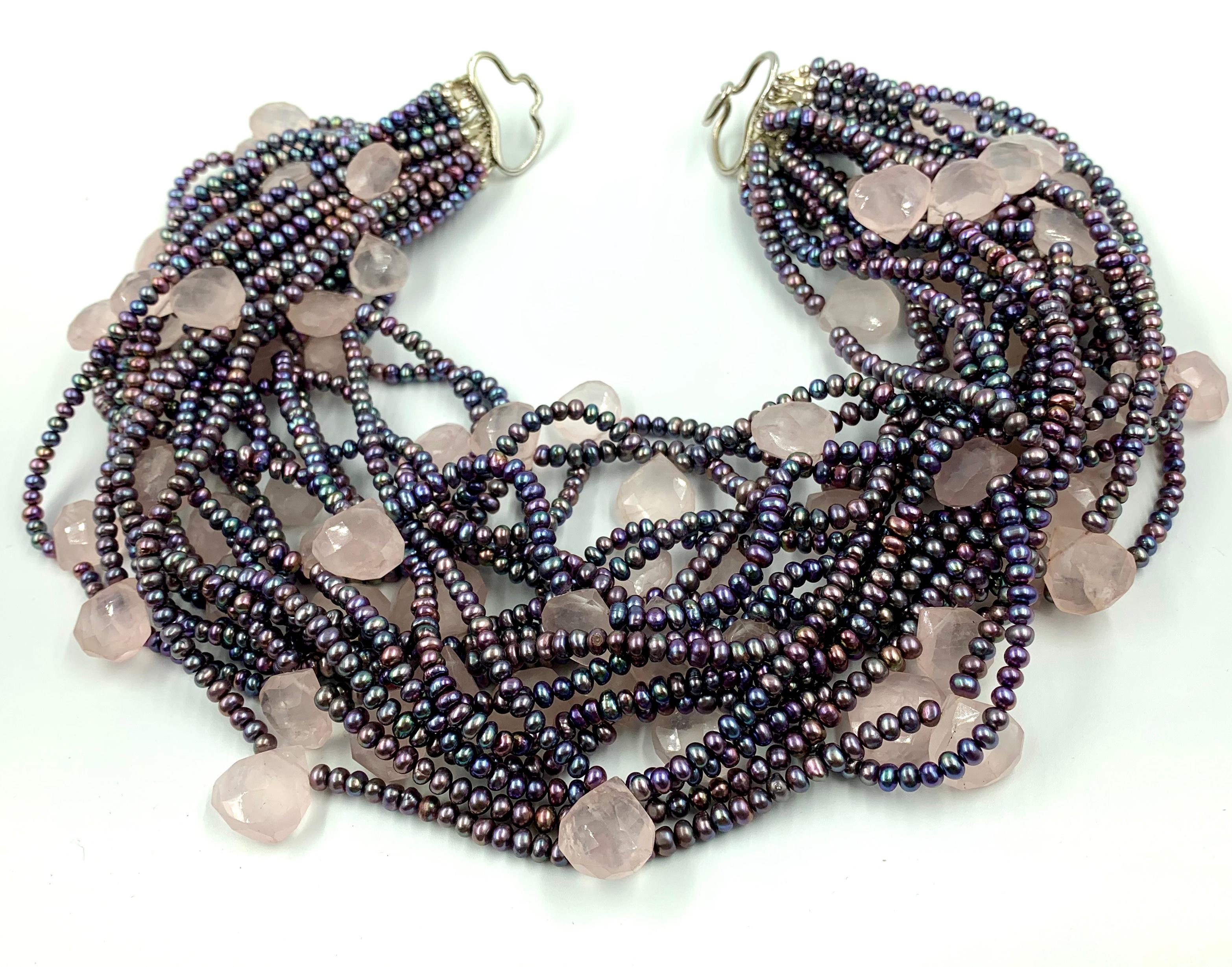 Estate Akoya Pearl Rose Quartz 14k White Gold Multi-Strand Statement Necklace In Good Condition For Sale In New York, NY