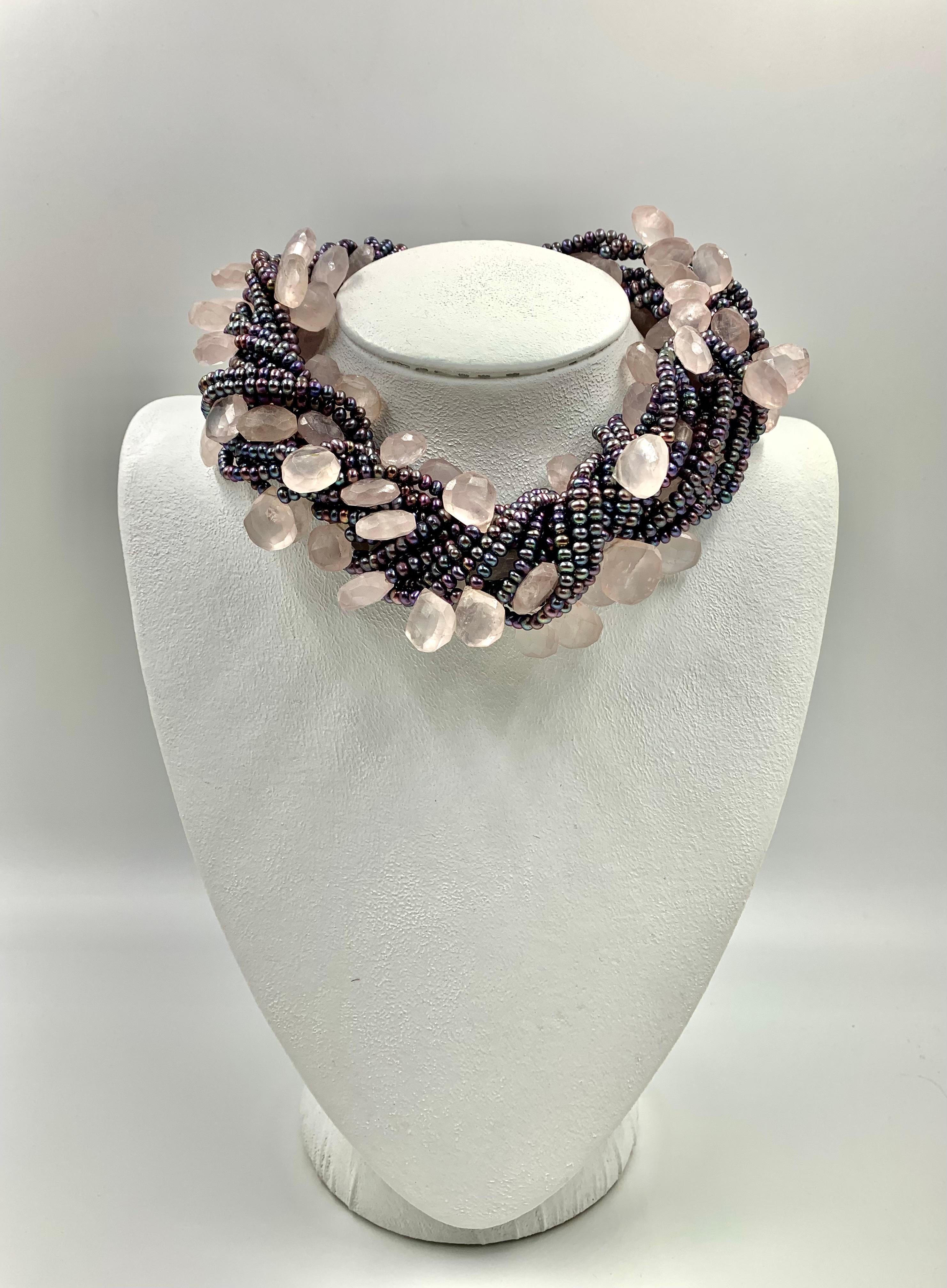 Estate Akoya Pearl Rose Quartz 14k White Gold Multi-Strand Statement Necklace 2