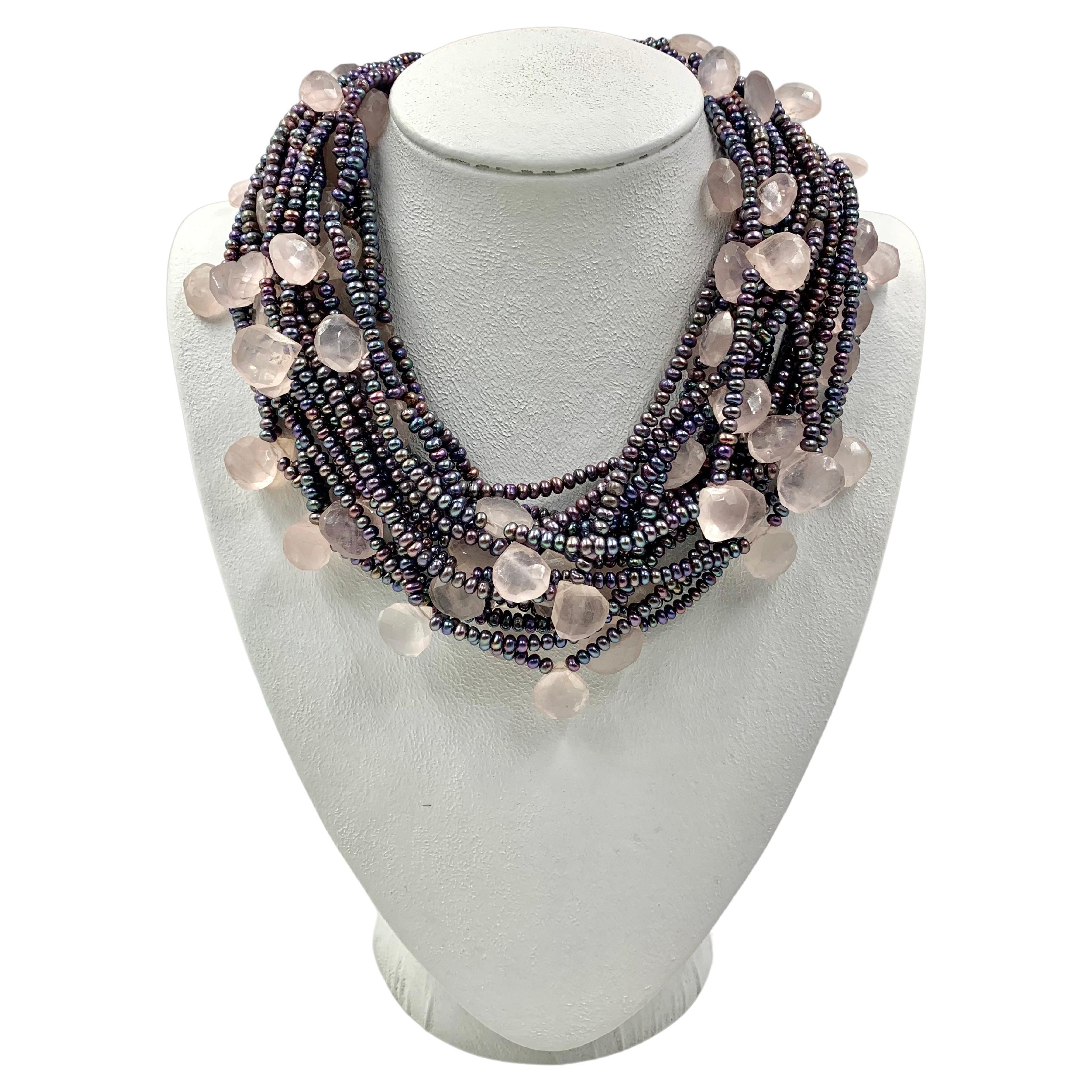 Akoya, collier fantaisie multibrins en or blanc 14 carats avec perles et quartz rose
