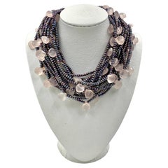 Akoya, collier fantaisie multibrins en or blanc 14 carats avec perles et quartz rose