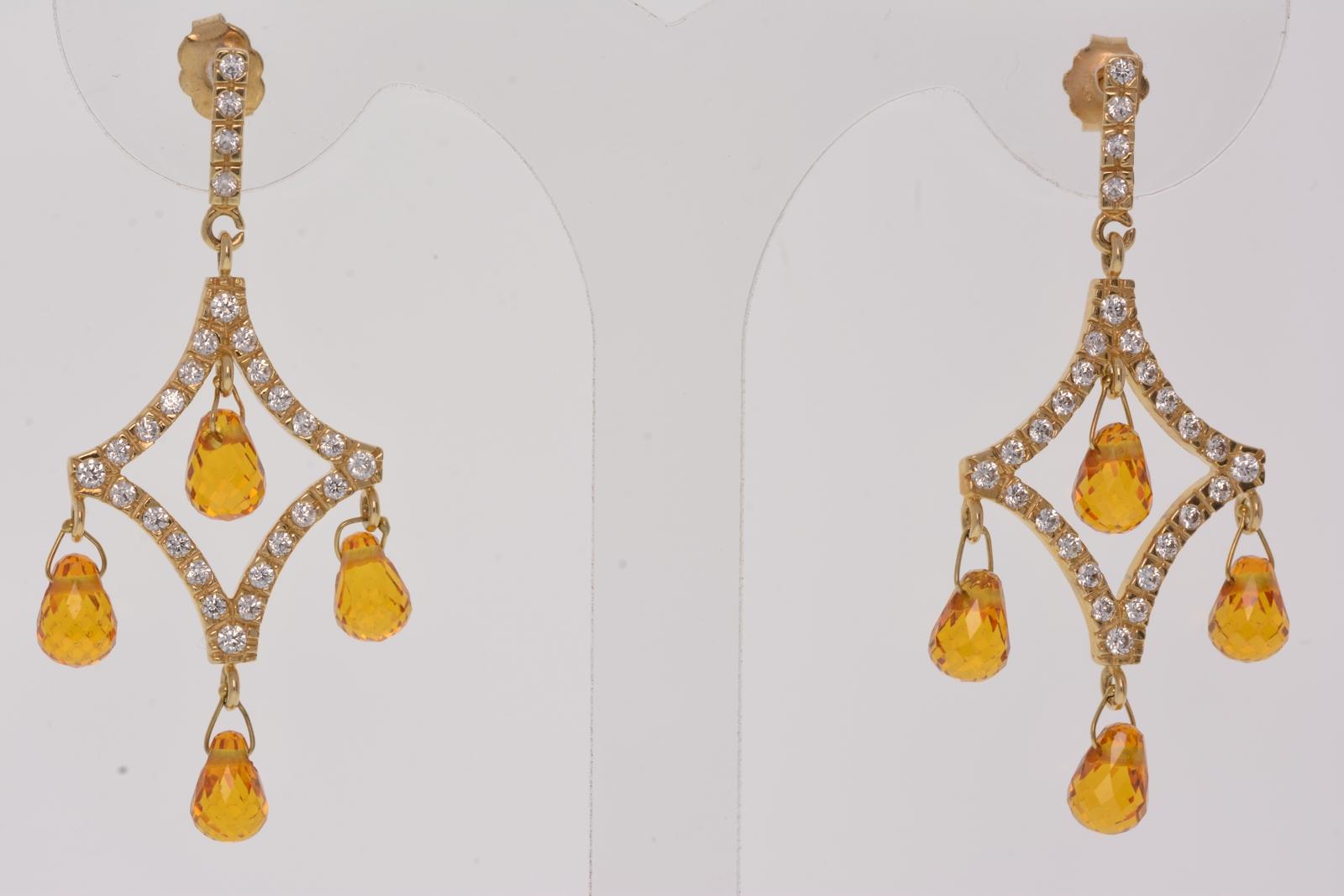 Estate Amber Glass and CZ Yellow Gold Pear shape Dangle Drop Earrings 14K Gold 1