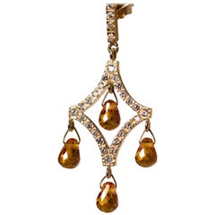 Estate Amber Glass and CZ Yellow Gold Pear shape Dangle Drop Earrings 14K Gold