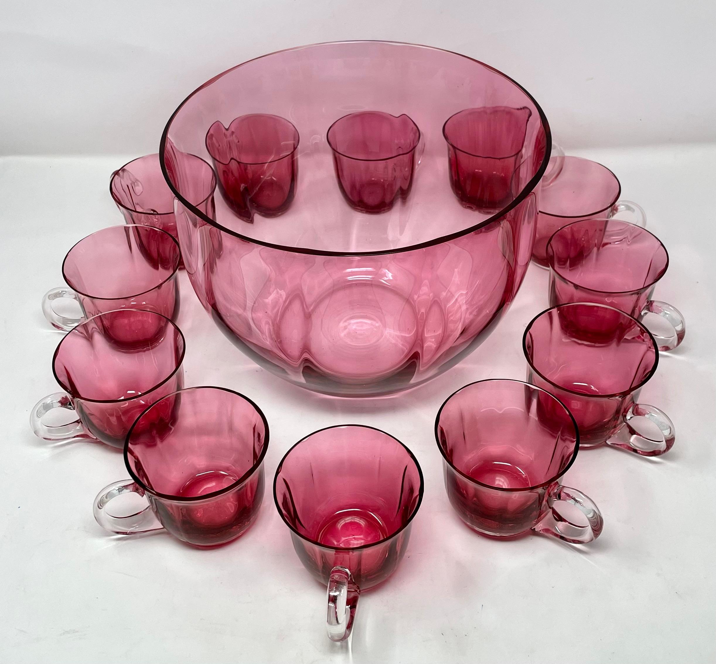 Estate American 13 Piece Cranberry Glass Punch Bowl Set, Circa 1950's.
12 Cups: 1