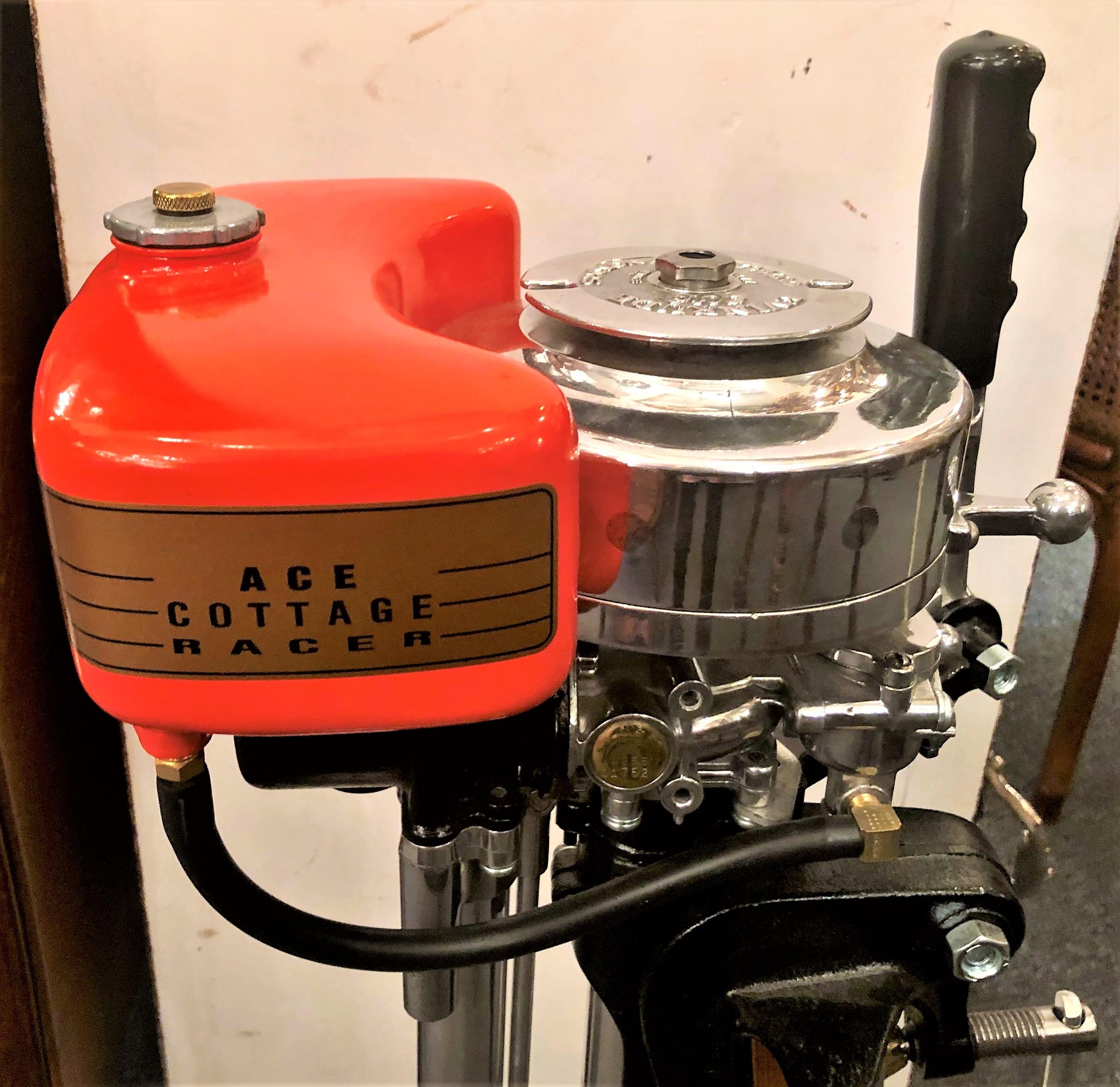 Estate American Evinrude cottage racer outboard motor mounted on custom made stand, circa 1930s-1940s.
Once a working motor, this piece has been restored as a collectible item and is not recommended for actual use.