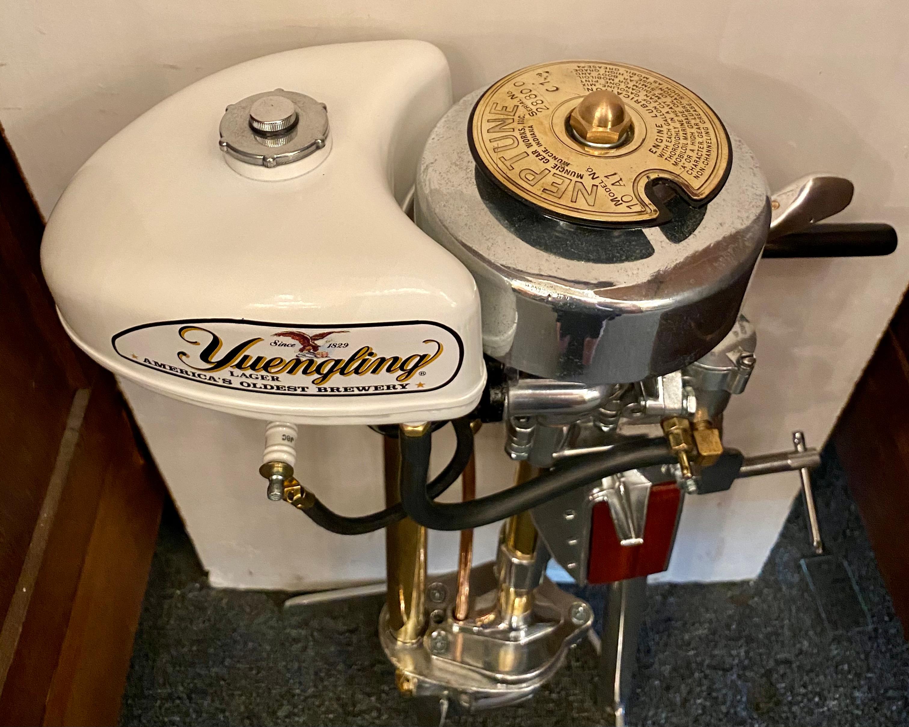 20th Century Estate American Yuengling Neptune Outboard Motor on Custom Made Stand Circa 1960