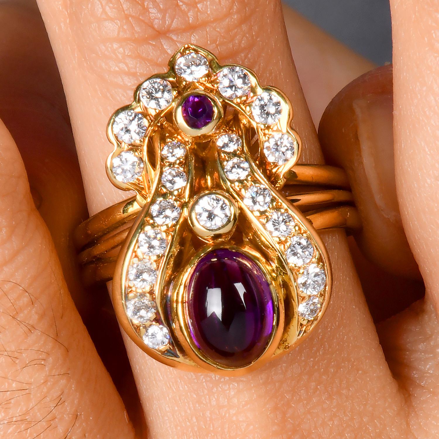 Estate Amethyst 2.90cts Diamond 18K Gold Floral Cocktail Ring For Sale 4