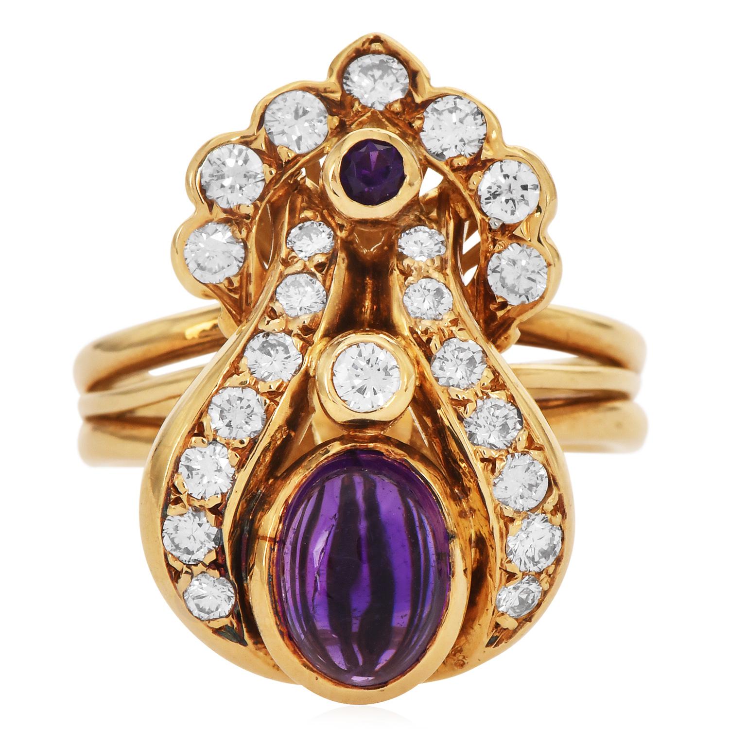This stunning vintage 18K Yellow Gold Amethyst and Diamond Ring Featuring a 2.05-carat cabochon amethyst, ring is beautifully surrounded by a halo of 22 brilliant round diamonds set in a delicate floral design.

The diamonds, totaling approximately
