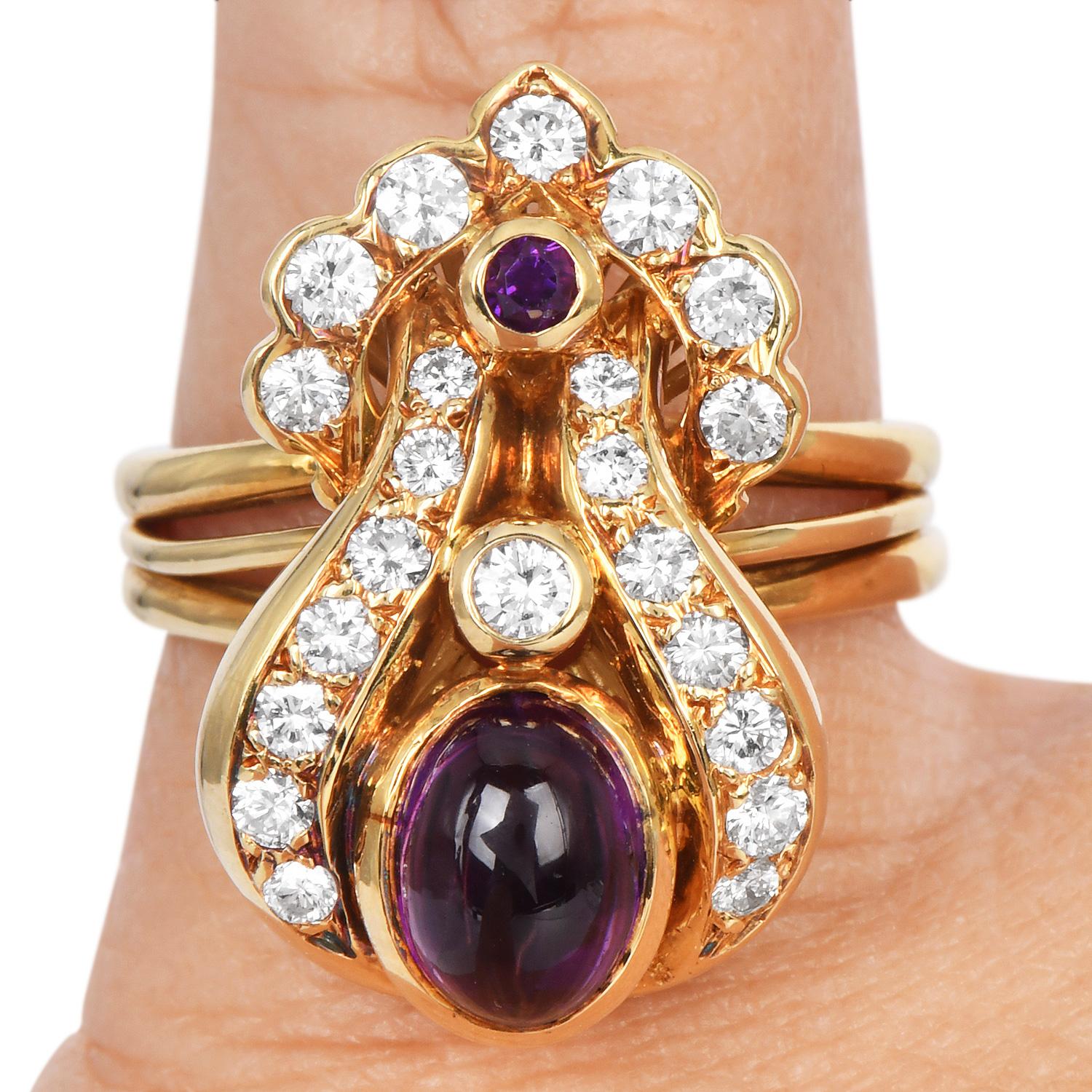 Round Cut Estate Amethyst 2.90cts Diamond 18K Gold Floral Cocktail Ring For Sale