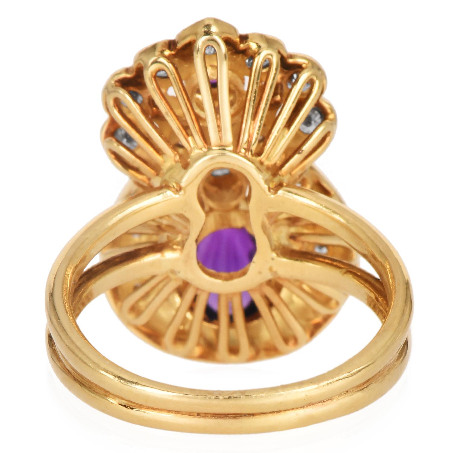 Estate Amethyst 2.90cts Diamond 18K Gold Floral Cocktail Ring For Sale 1