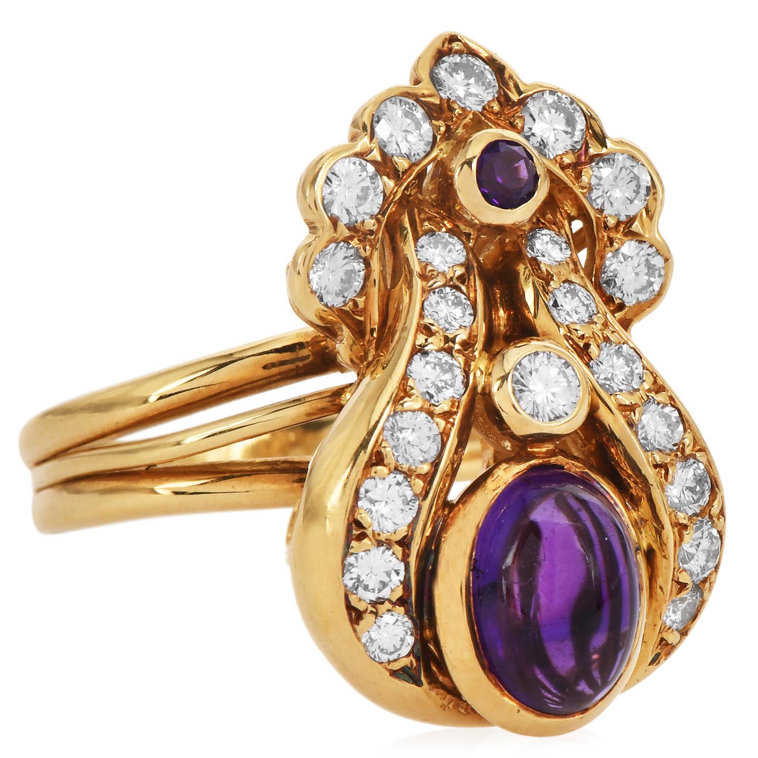 Estate Amethyst 2.90cts Diamond 18K Gold Floral Cocktail Ring For Sale 2