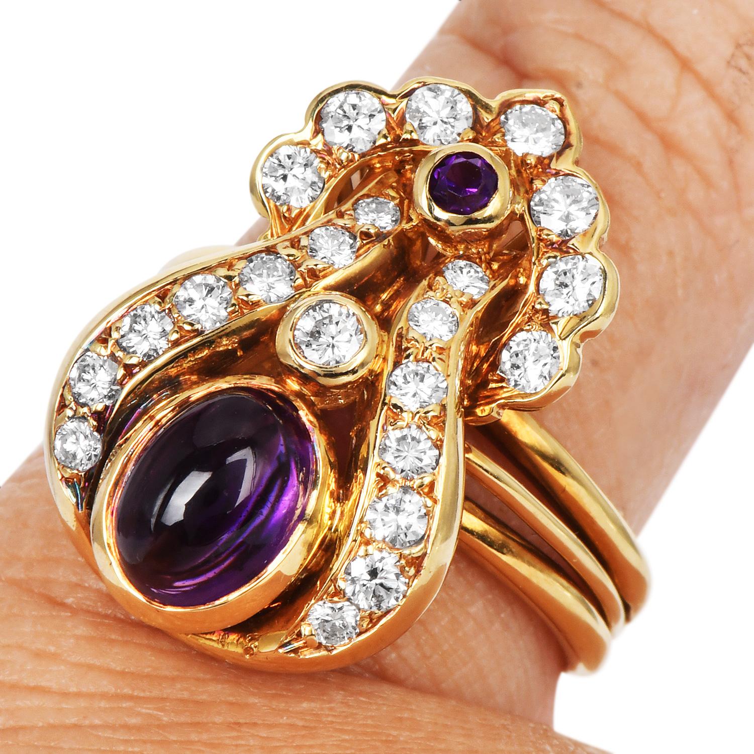 Estate Amethyst 2.90cts Diamond 18K Gold Floral Cocktail Ring For Sale 3