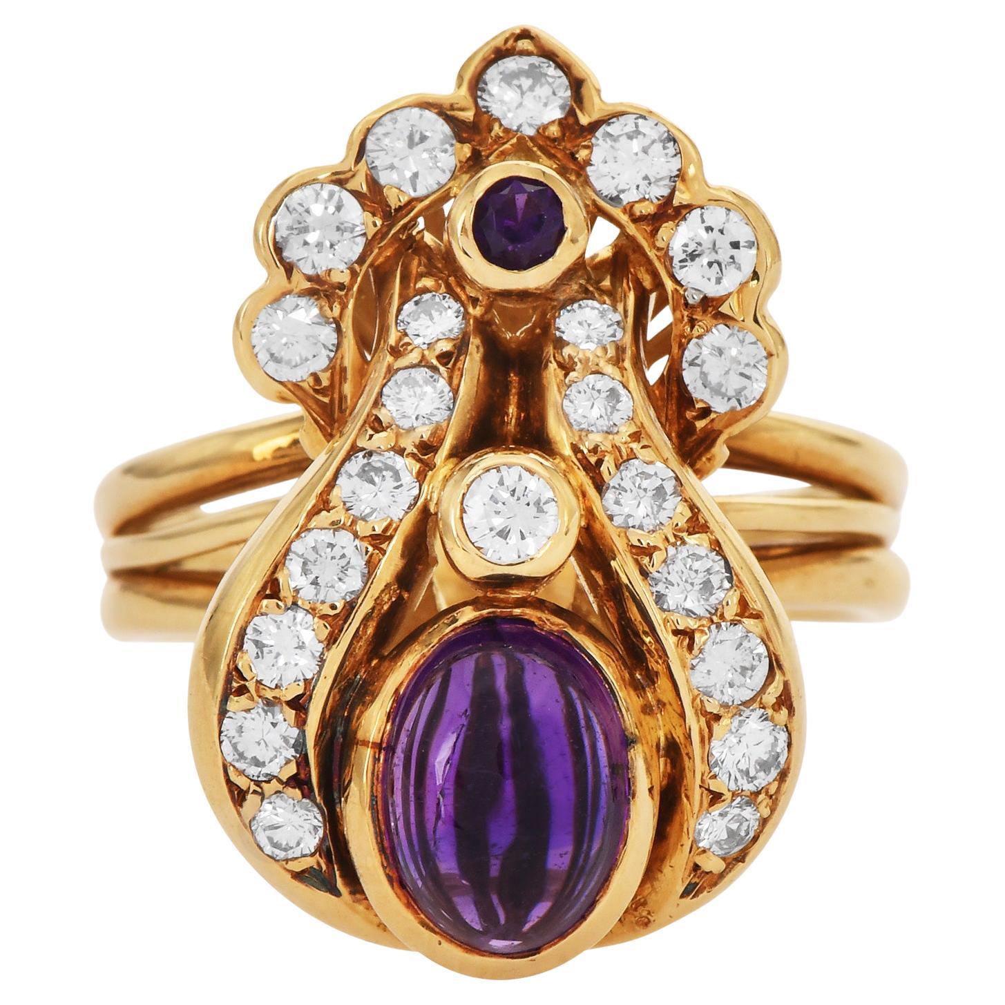 Estate Amethyst 2.90cts Diamond 18K Gold Floral Cocktail Ring For Sale