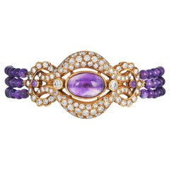 Estate Amethyst 6cts Diamond 18K Gold Multi Strand Statement Bracelet
