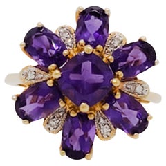 Estate Amethyst and Diamond Floral Cluster Ring in 14k Yellow Gold
