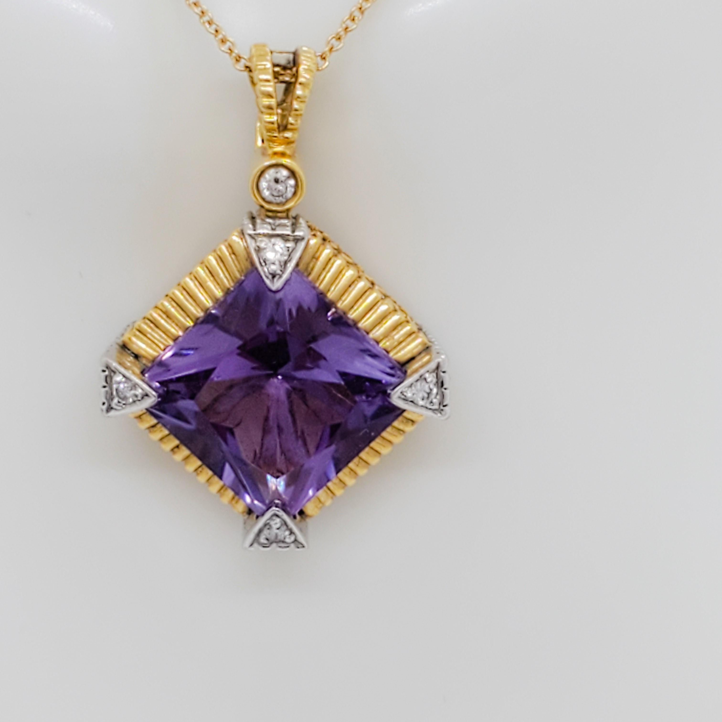 Gorgeous deep purple 5.00 ct. amethyst princess cut with 1.00 ct. good quality white and bright diamond rounds.  Handmade in 18k white and yellow gold.  Chain is 16
