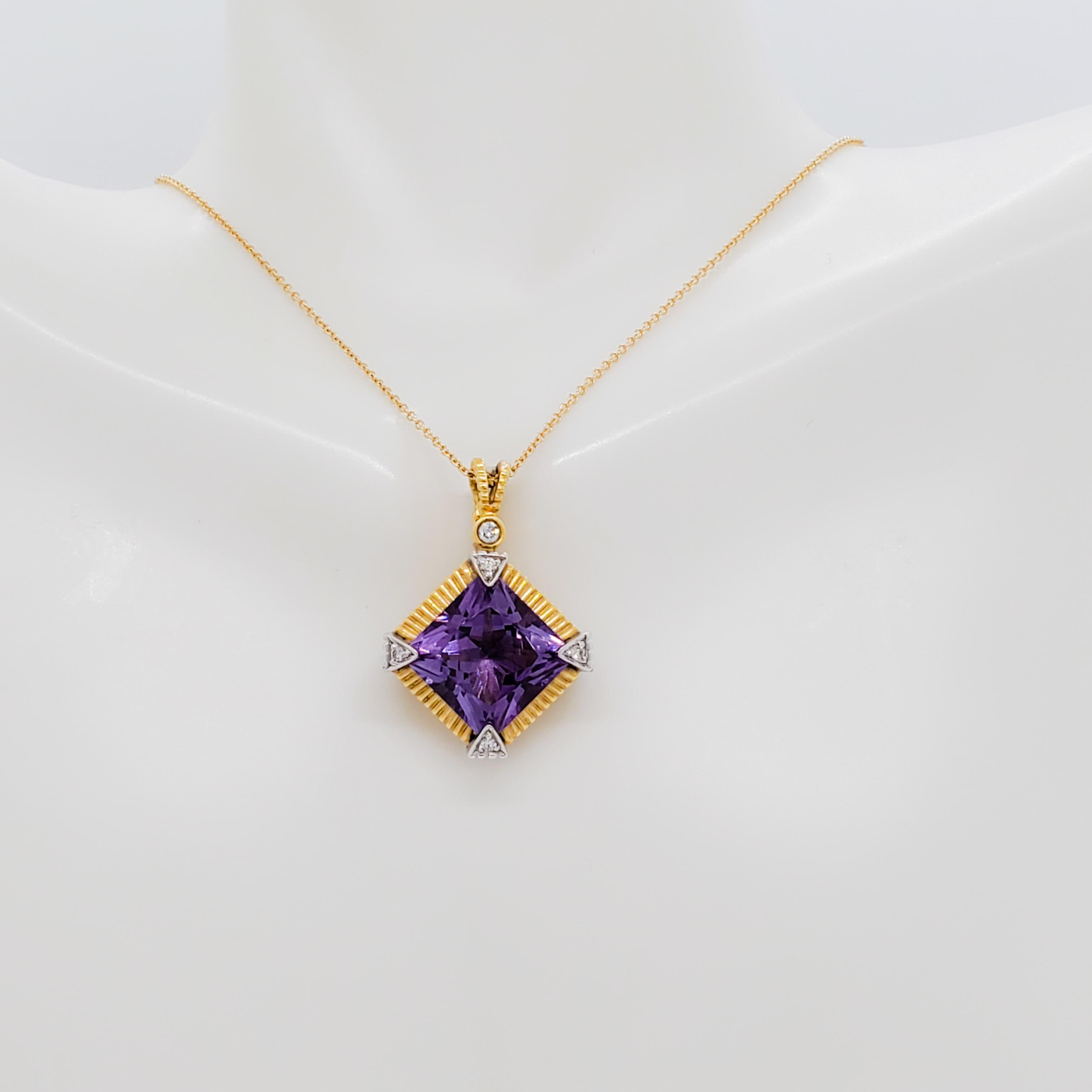 Princess Cut Estate Amethyst and Diamond Pendant Necklace in 18k Gold